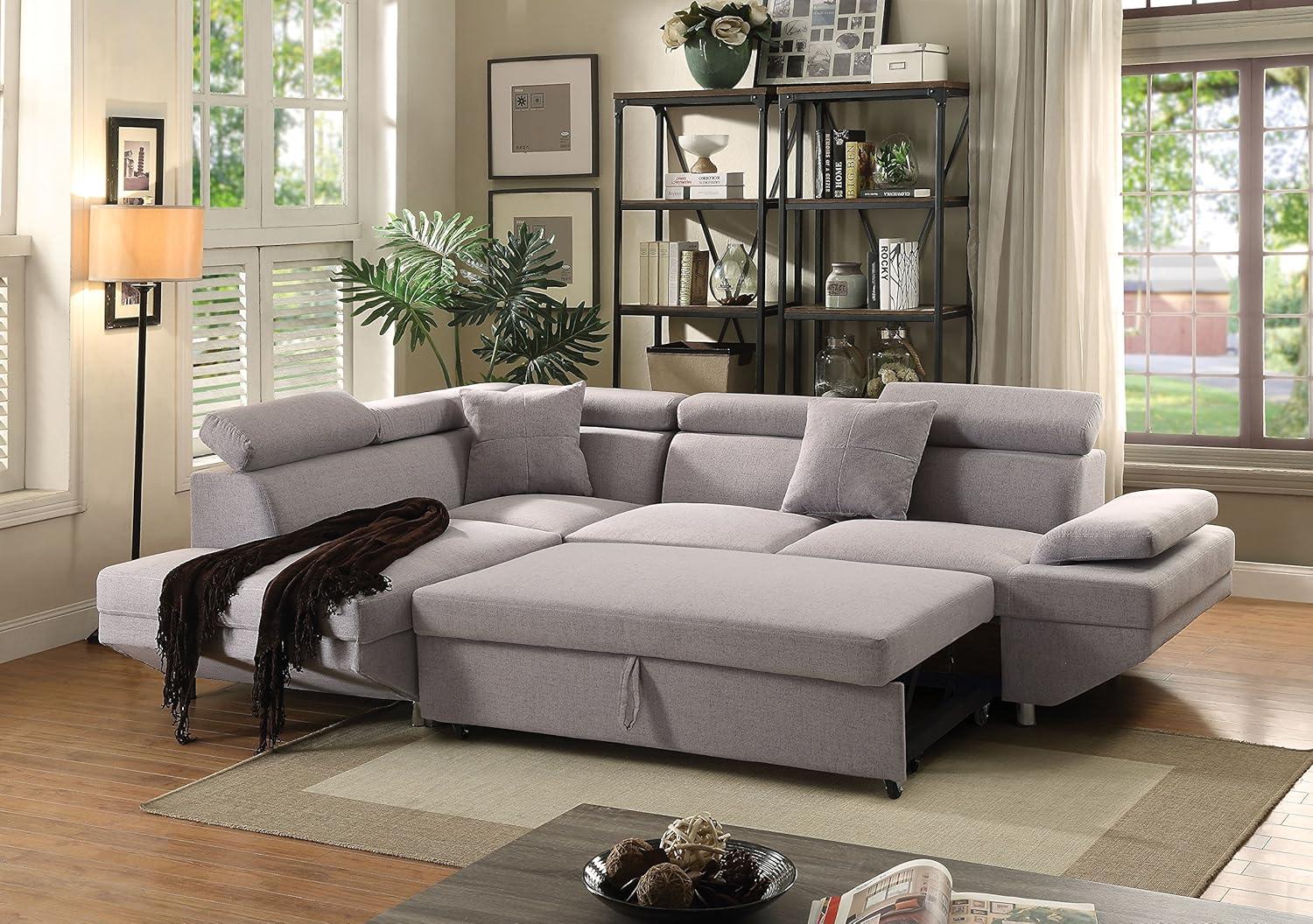 Cozy Gray Fabric Two-Piece Sectional Sofa with Wood Accents