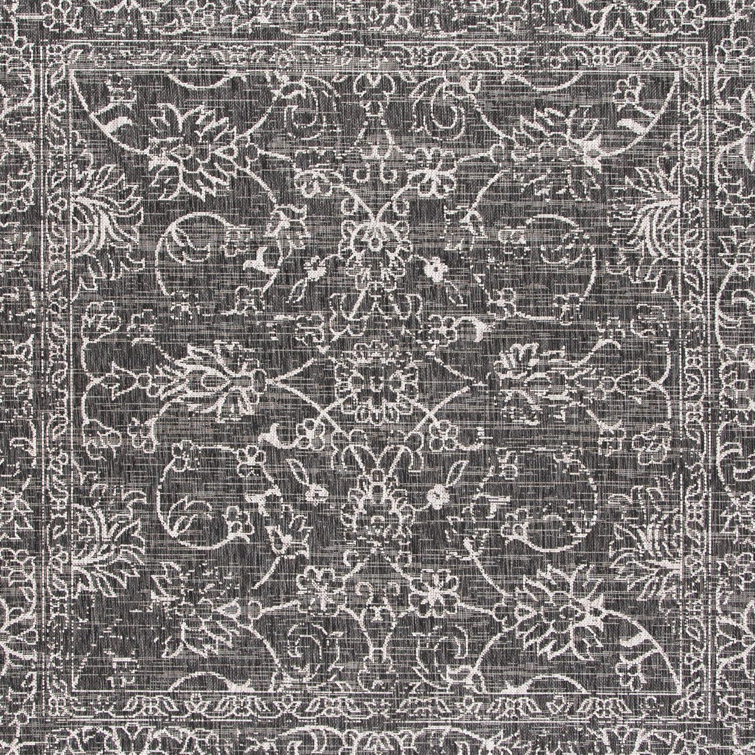 Courtyard Elegance 6'7" Square Black & Ivory Synthetic Area Rug