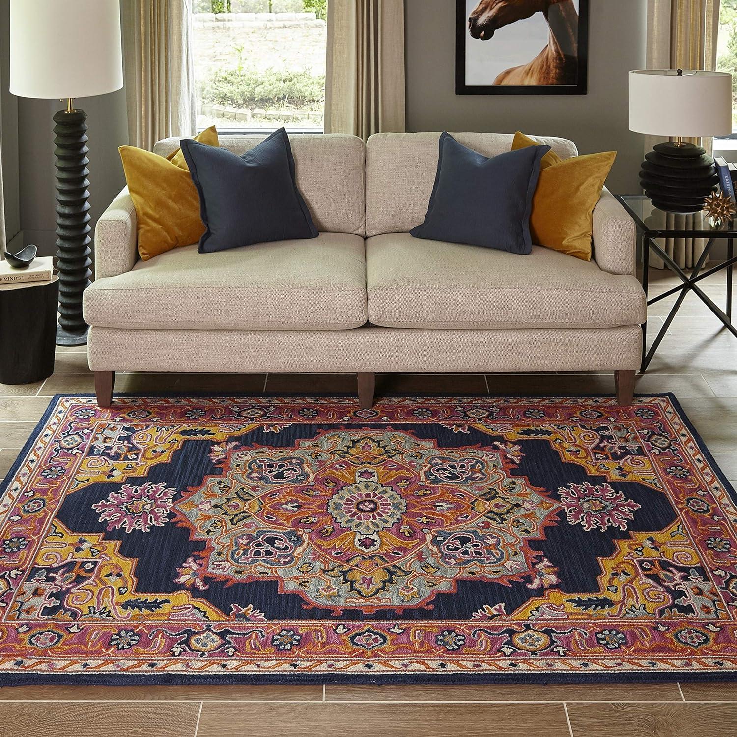 Momeni  Ibiza Hand-tufted Traditional Medallion Wool Area Rug Navy 2' x 3' 2' x 3' Accent, Indoor Pink