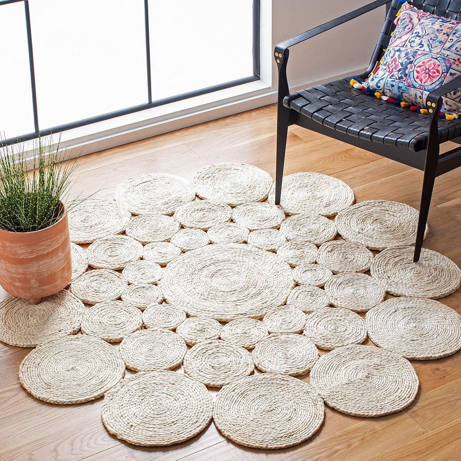 Ivory Hand-Knotted Jute 7' Round Non-Slip Area Rug