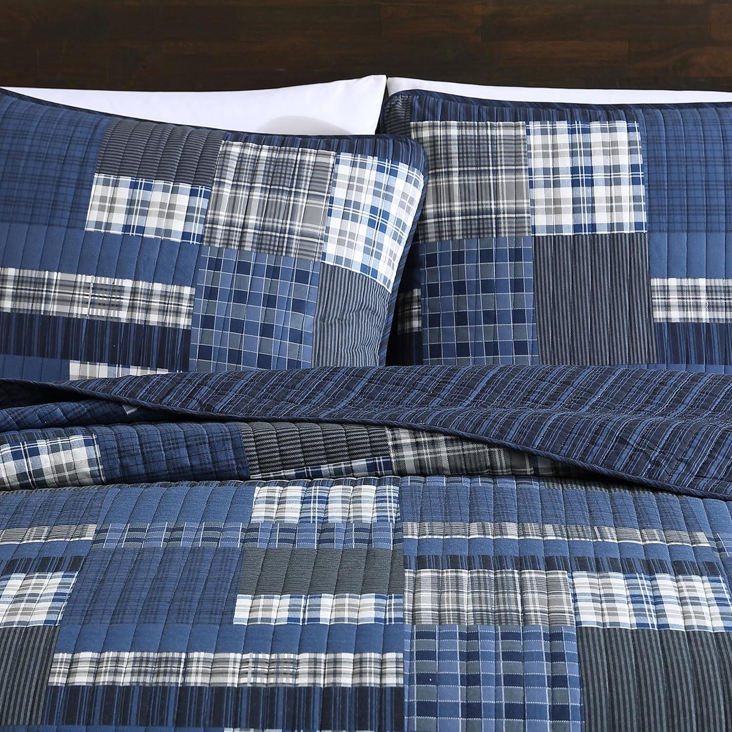 Full Blue Cotton Reversible Quilt Set