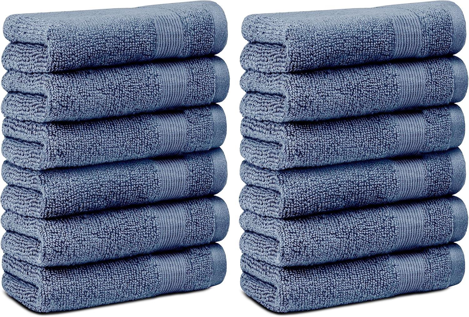 BC BARE COTTON Luxury Hotel & Spa Towel Turkish Cotton Washcloths - Dobby Border (13x13 Inches) - Set of 12 - Wedgewood