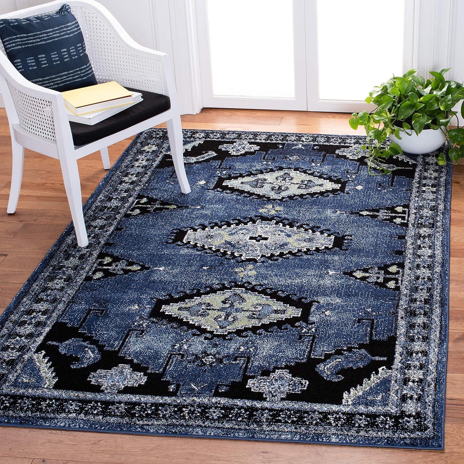 Vintage Blue and Black Synthetic Area Rug 8' x 10'