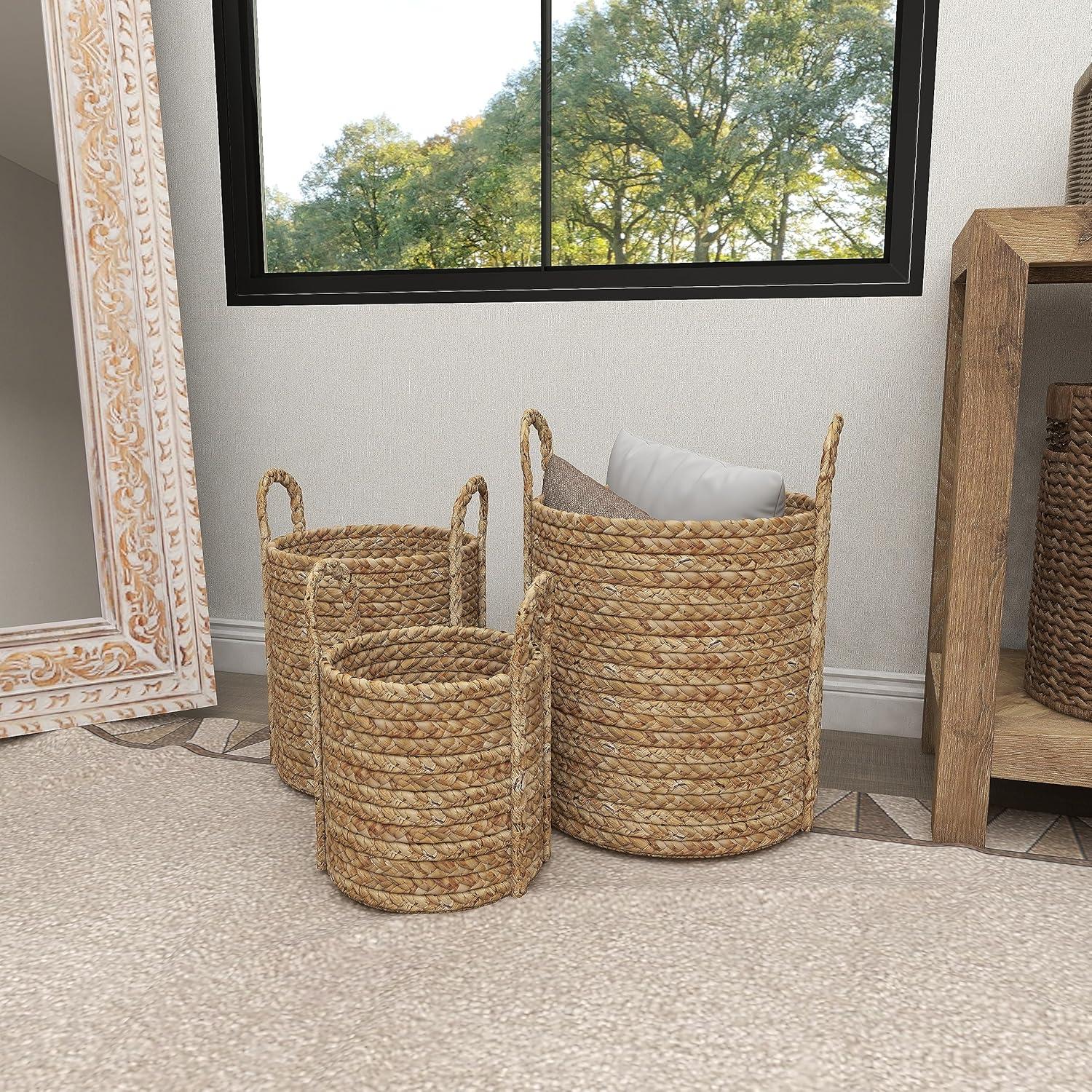Set of 3 Seagrass Wicker Basket Planters with Handles Natural - Olivia & May: Indoor/Outdoor, 20" Size