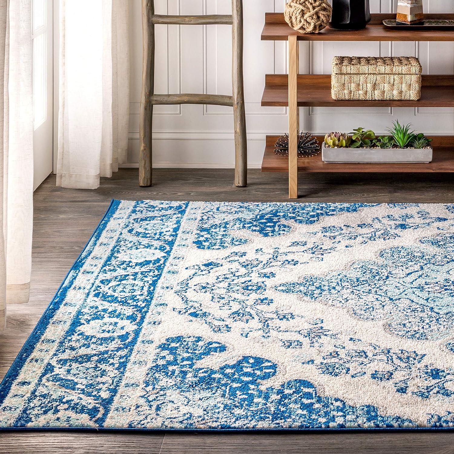 Reversible Cream/Blue Synthetic 4' x 6' Vintage Medallion Rug