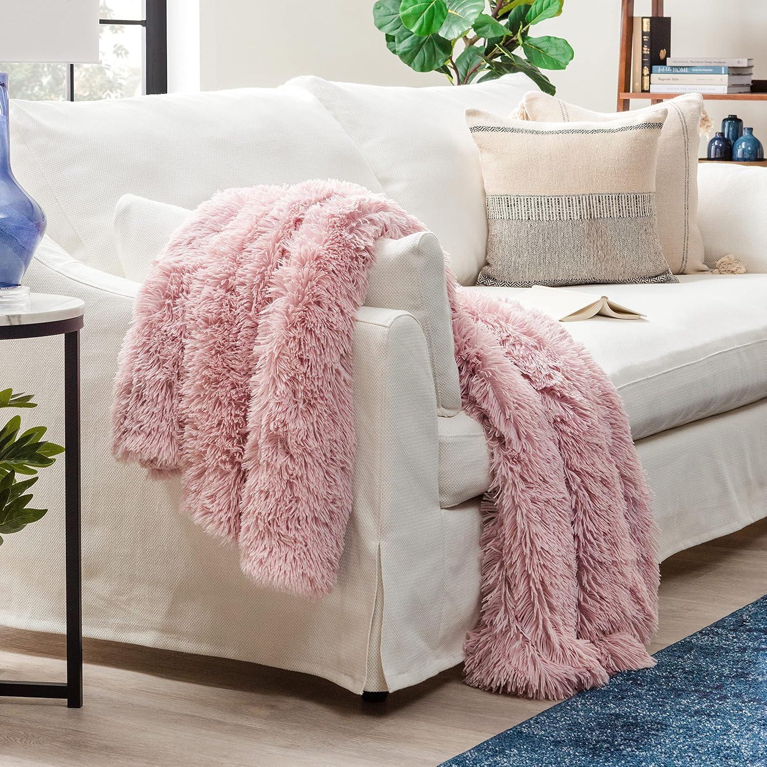 Chanasya Solid Faux Long Fur Fuzzy Throw Blanket - 60" x 70" - Rose Dust