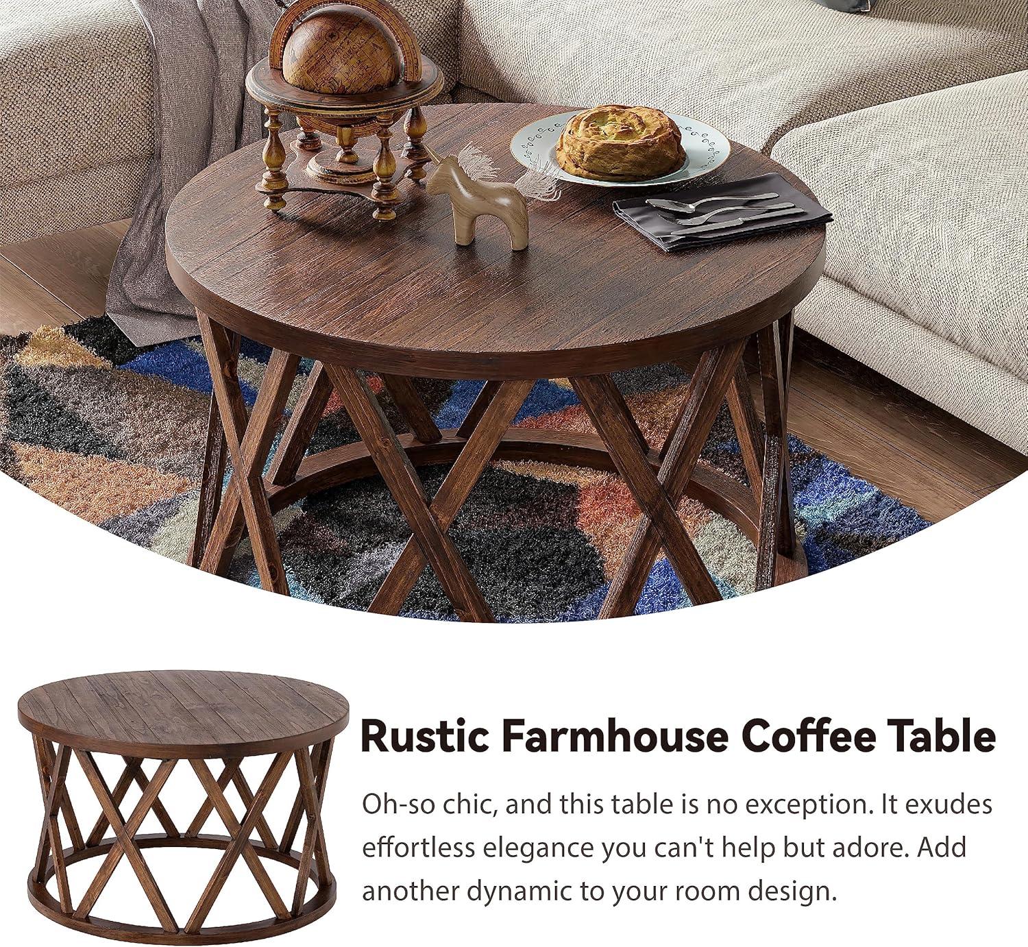 COZAYH Farmhouse Coffee Table, Rustic Round Coffee Table with X-Motifs Legs, Wood Textured Top, for Boho, French Country Decor, Brown