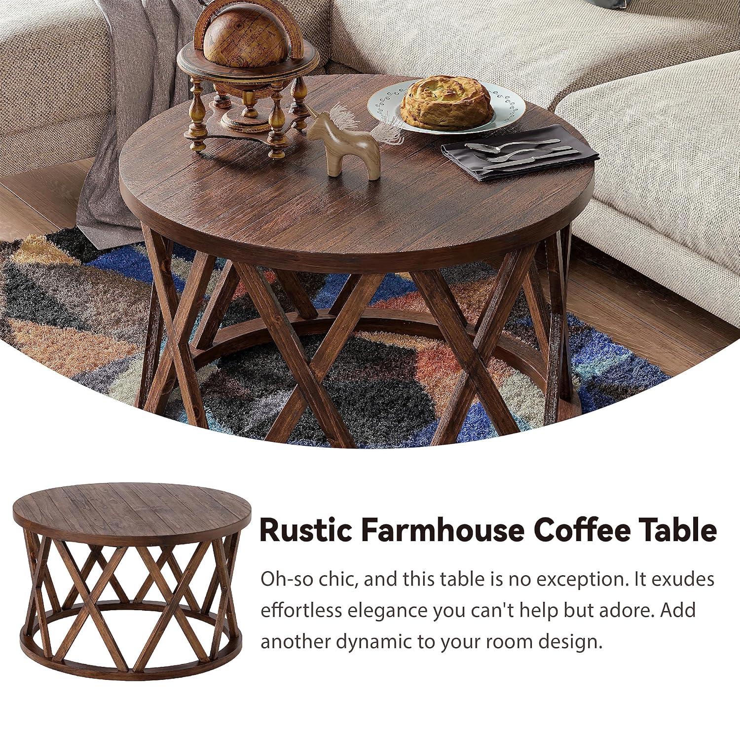 COZAYH Farmhouse Coffee Table, Rustic Round Coffee Table with X-Motifs Legs, Wood Textured Top, for Boho, French Country Decor, Brown