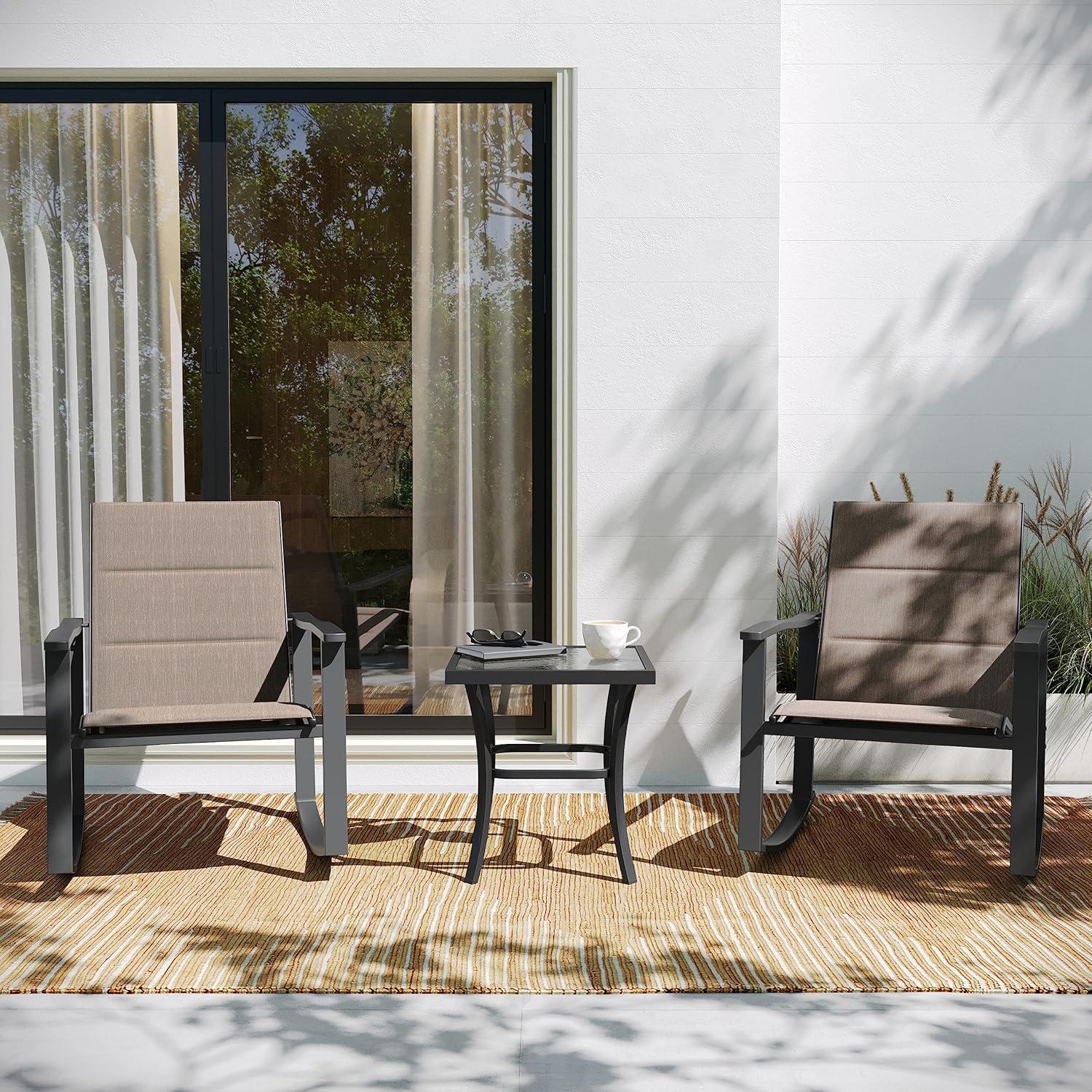 Flash Furniture Brazos 3 Piece Outdoor Rocking Chair Bistro Set with Flex Comfort Material and Steel Framed Glass Top Table, Brown/Black