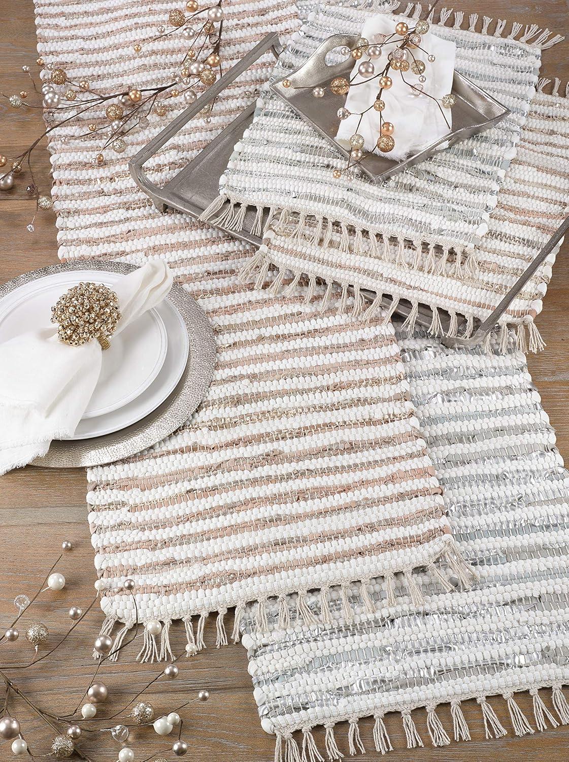 Saro Lifestyle Leather And Cotton Woven Chindi Table Runner Gold