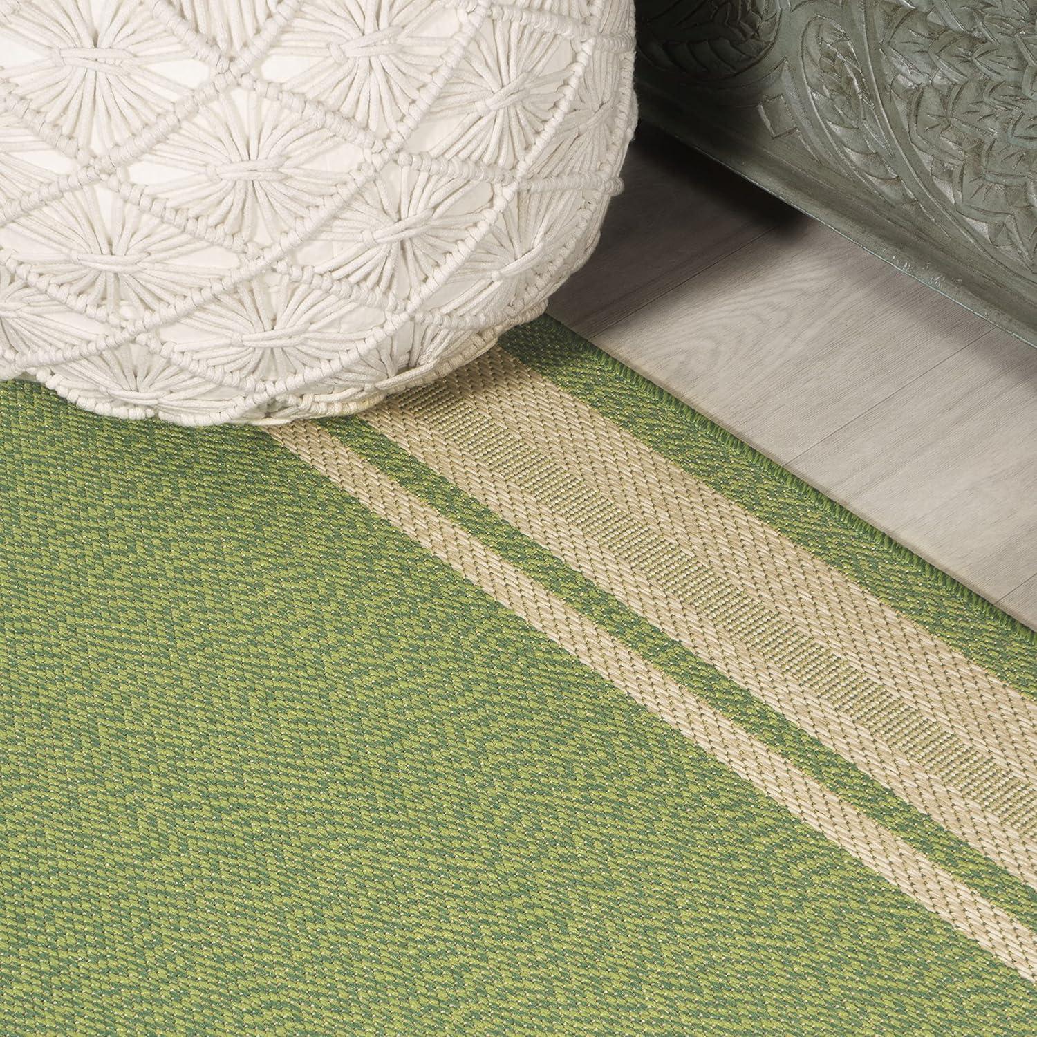 2' x 8' James Modern Border Stripe Indoor/Outdoor Runner Rug, Green/Cream - JONATHAN Y