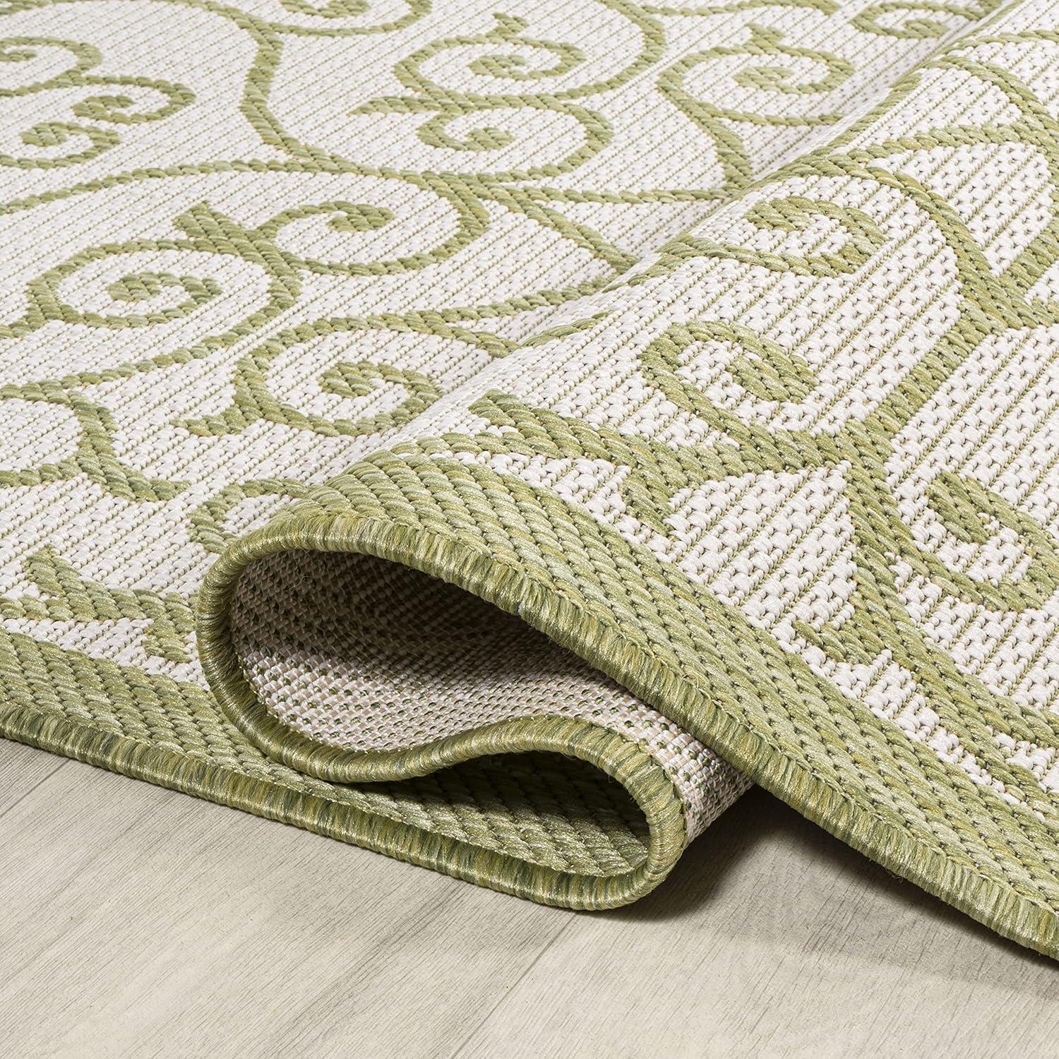 2' x 10' Madrid Vintage Filigree Textured Weave Indoor/Outdoor Runner Rug, Green/Cream - JONATHAN Y
