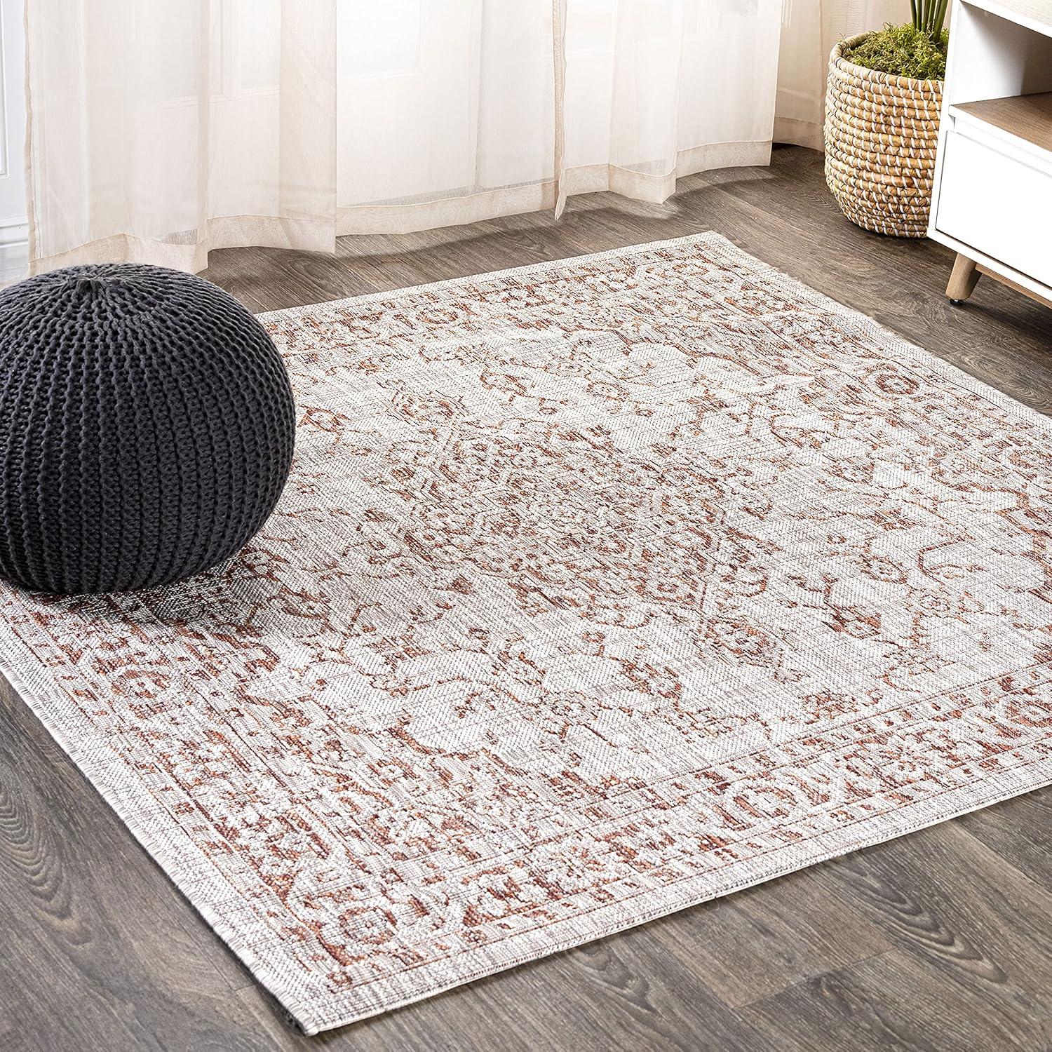 5' Square Rozetta Boho Medallion Textured Weave Indoor/Outdoor Area Rug, Red/Taupe - JONATHAN Y