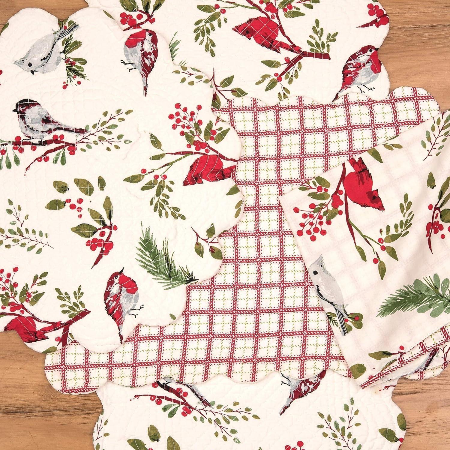 Winter Birds Cotton Table Runner with Holly Sprigs