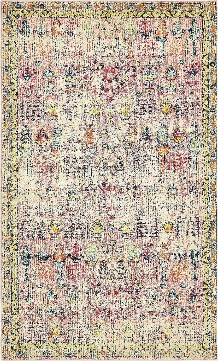 Pink and Blue Rectangular Synthetic Bohemian Area Rug