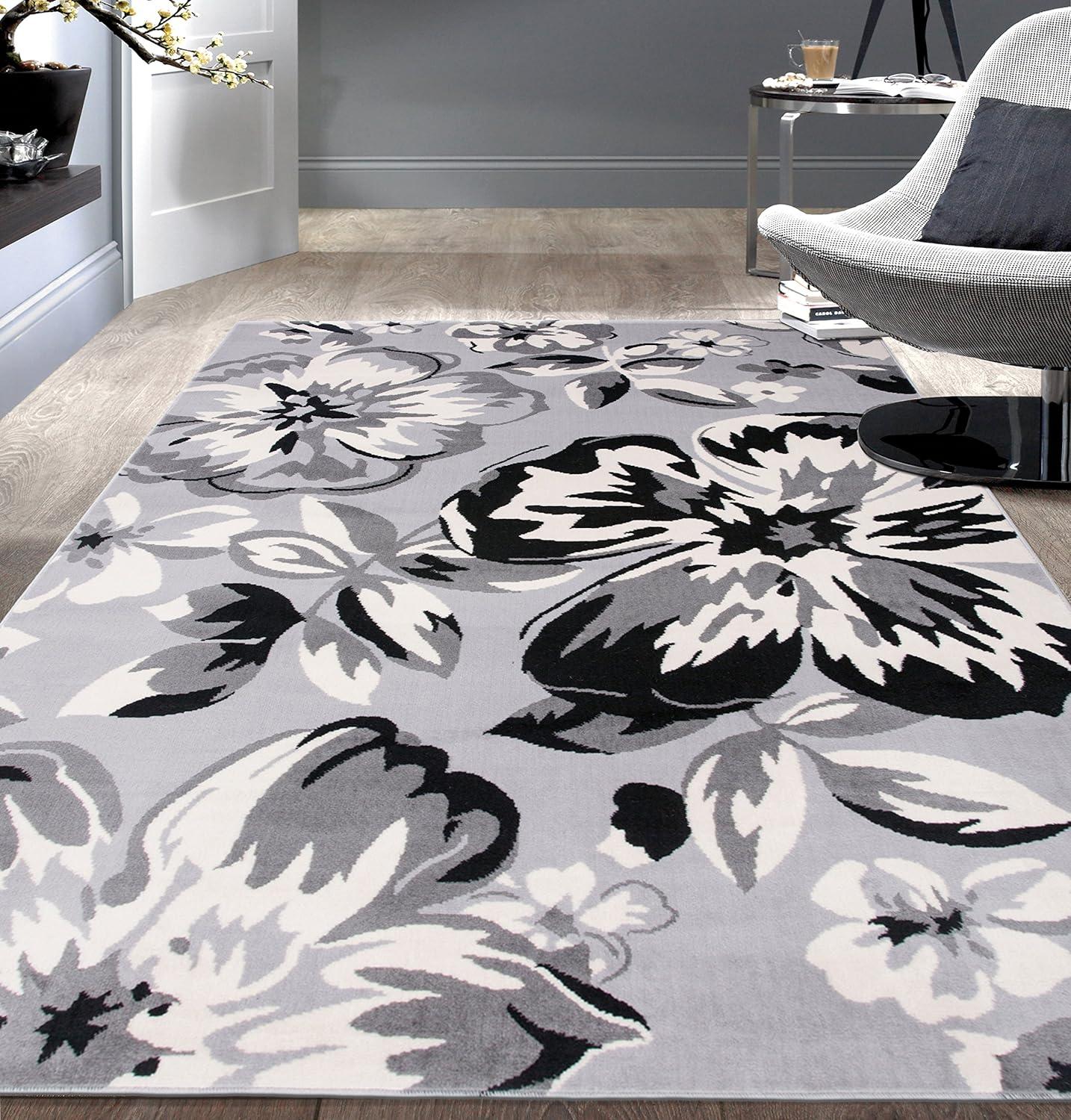 Gray Floral Print Low Pile Reversible Area Rug