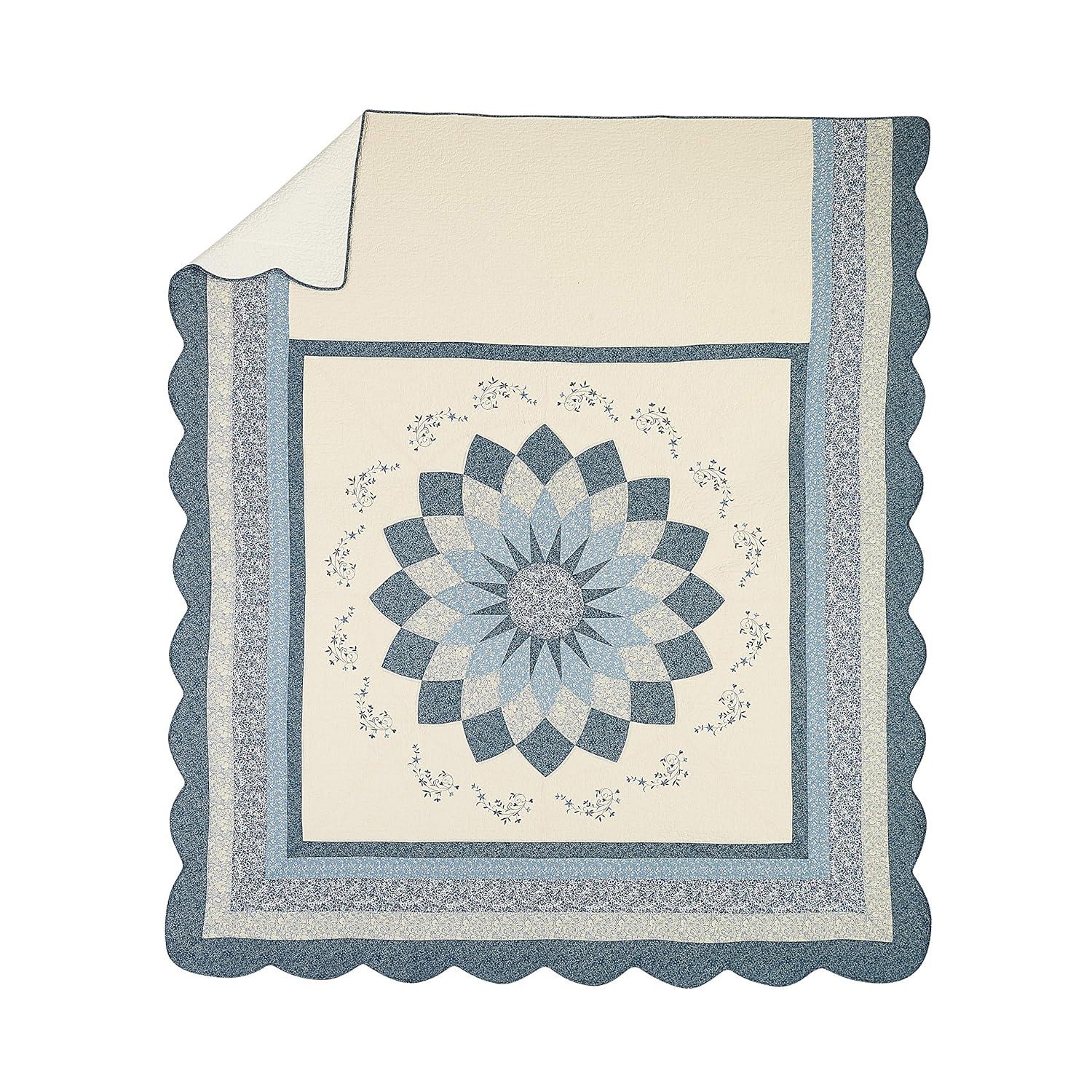 Modern Heirloom Queen Charlotte Bedspread Blue: Floral Pattern, Machine Washable, Plain Weave