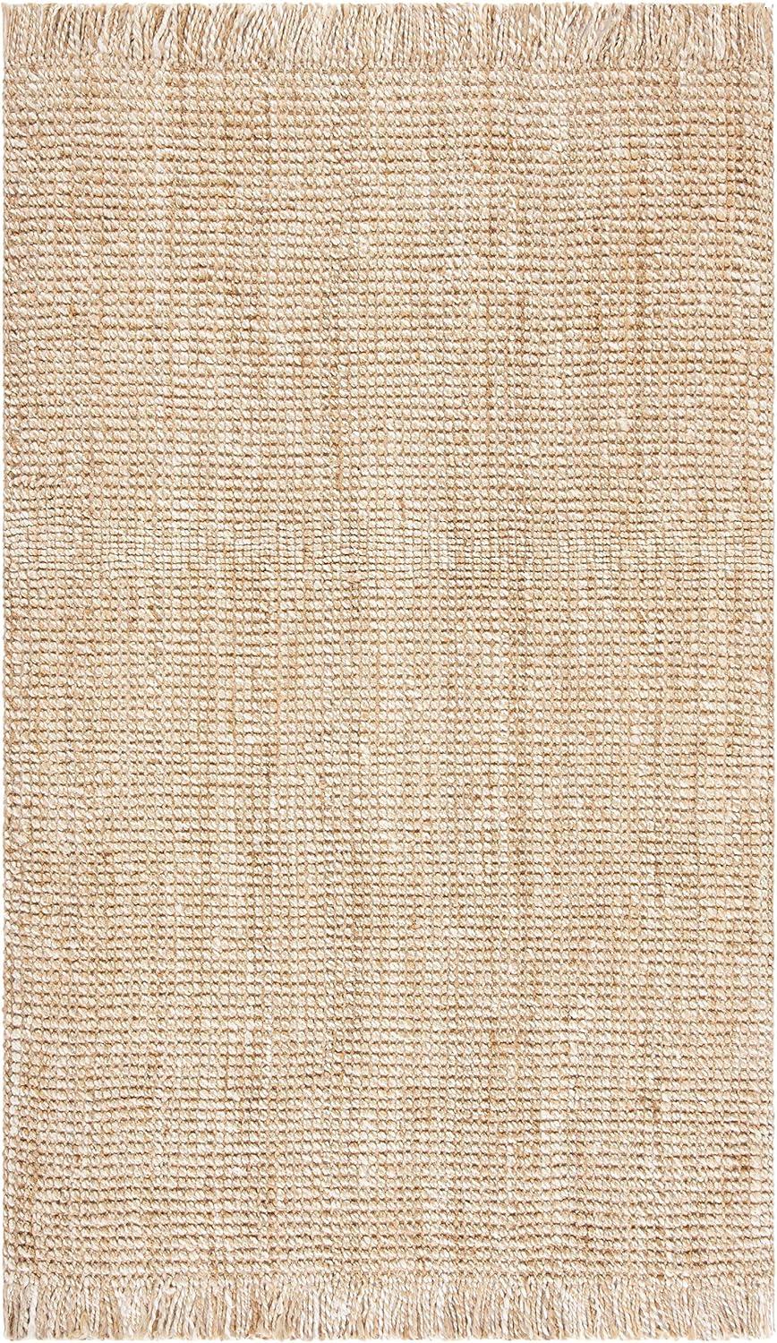 Handmade Natural Beige Jute Area Rug with Fringe