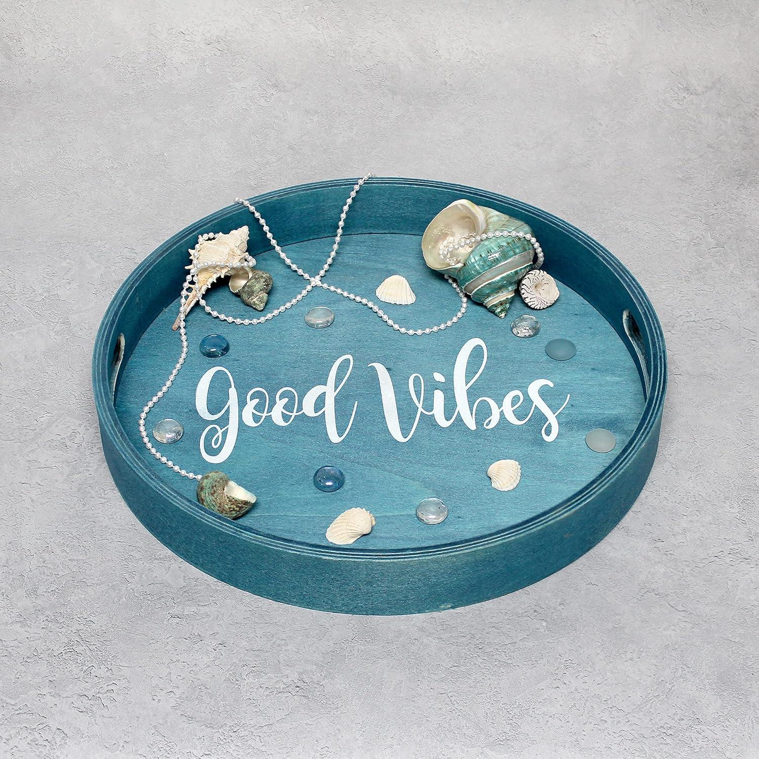 Good Vibes 14'' Blue Wash Round Wood Serving Tray with Handles