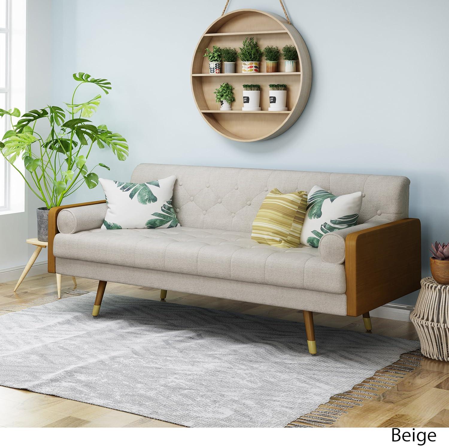 GDFStudio Aidan Mid Century Modern 72.25" Tufted Upholstered 3 Seater Sofa，Beige/Dark Walnut/Gold