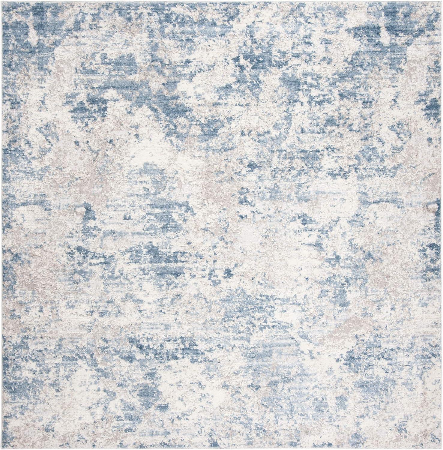 Modern Abstract Grey/Blue 3' Square Synthetic Accent Rug