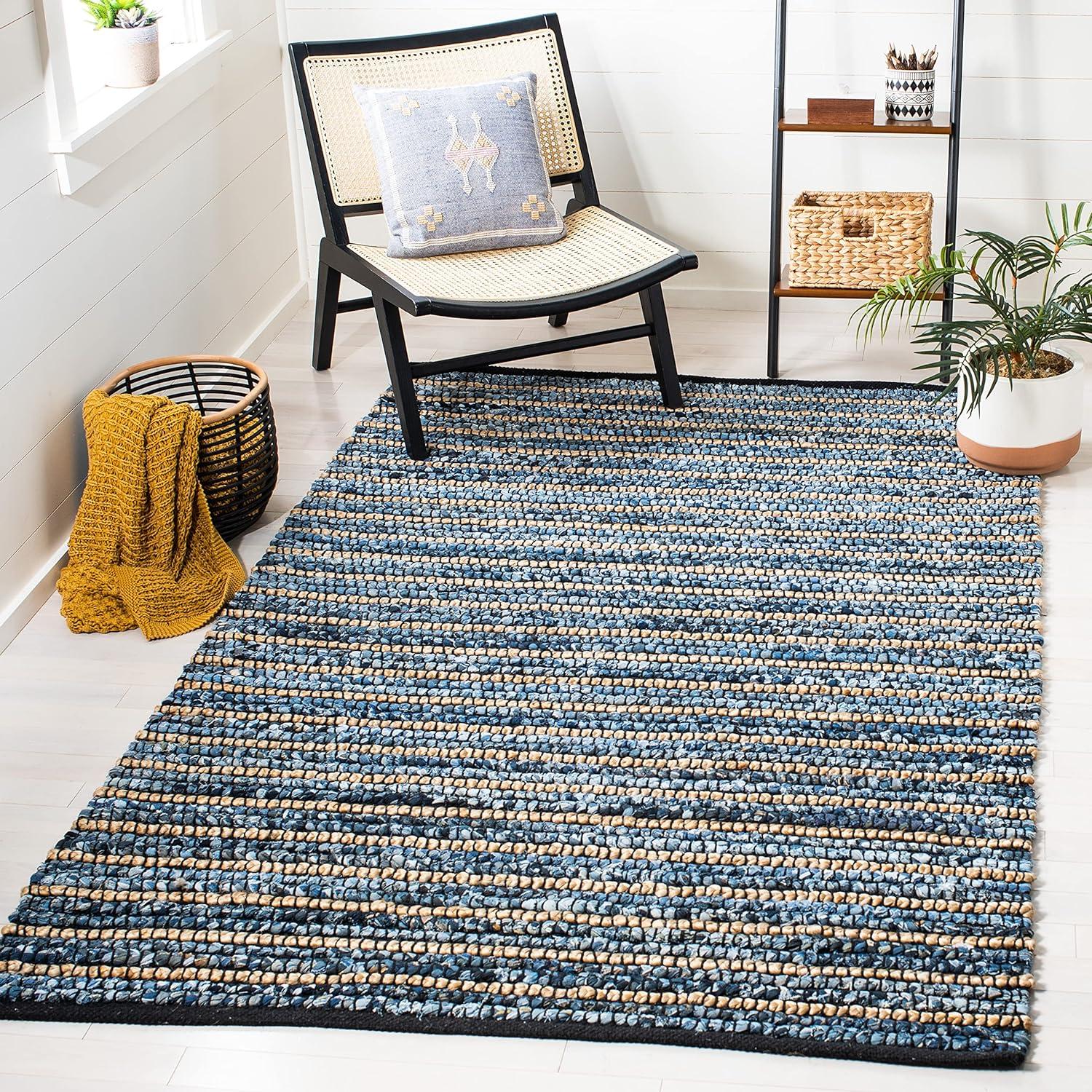 Blue and Natural Cotton Flat Woven Reversible Rug, 4' x 6'