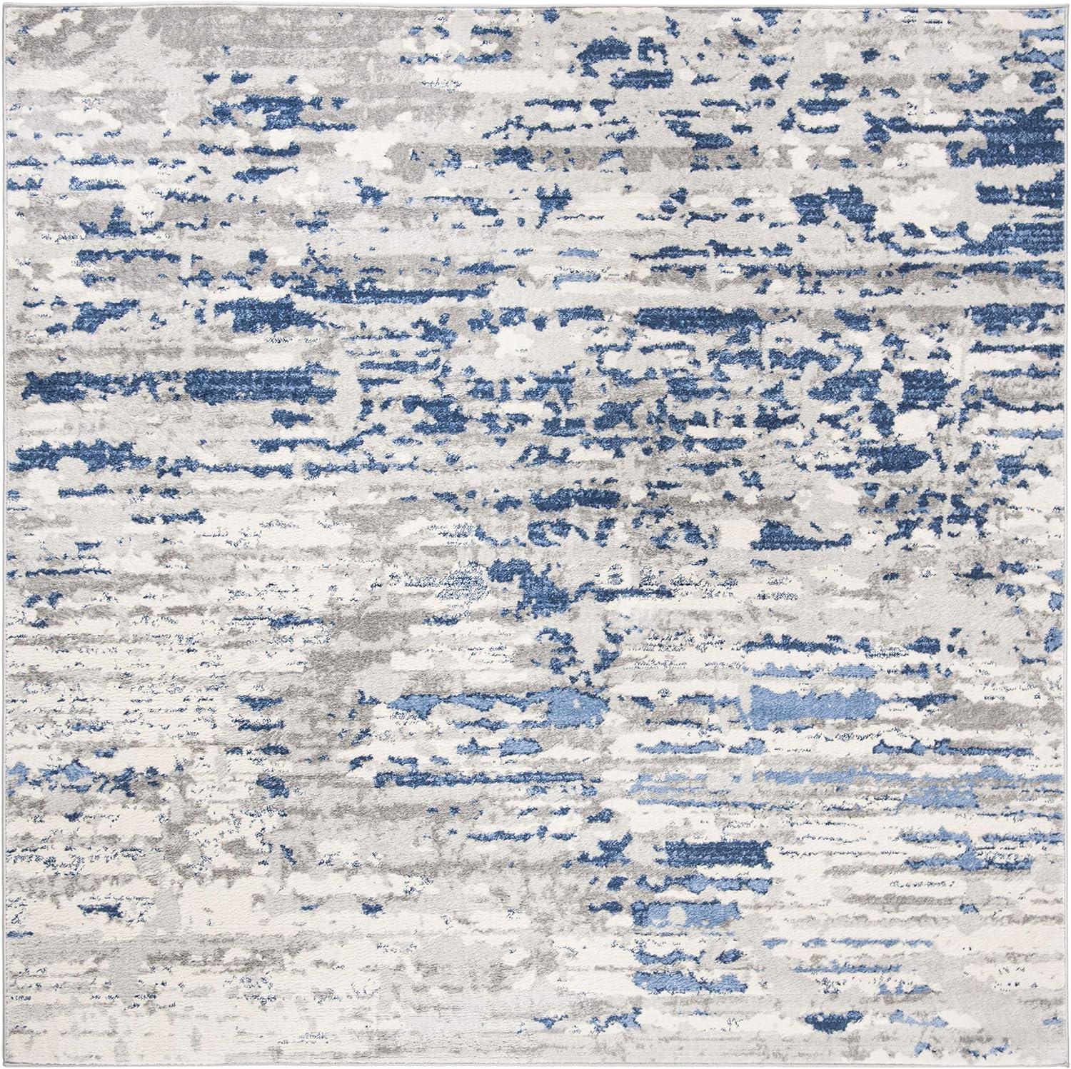 Modern Abstract Ivory & Blue Square Hand-Knotted Rug - 3' x 3'