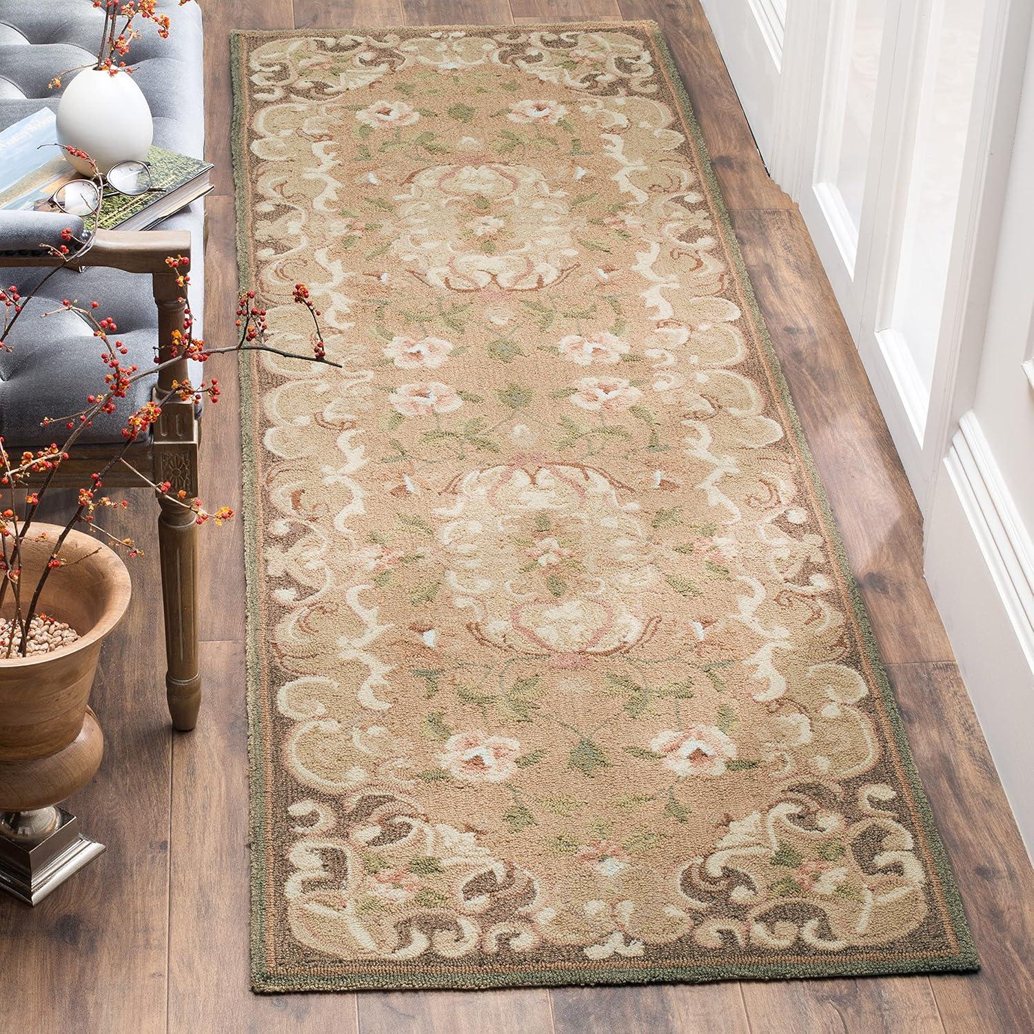 Beige and Brown Floral Wool Reversible Rug, 2' 6" x 10'