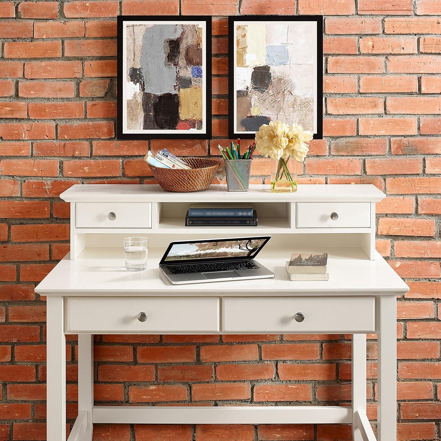 White Wood Writing Desk Hutch with Drawers and Shelves