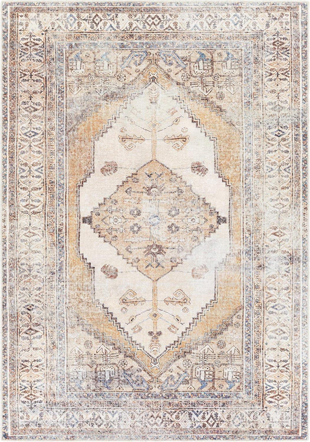 Hauteloom Arncliffe Boho Vintage Distressed Area Rug - Farmhouse Traditional Medallion Faded Carpet for Living Room, Bedroom - Machine Washable Rug - Tan, Peach, Blush - 5'3" x 7' (5x7) 3" (5x7)