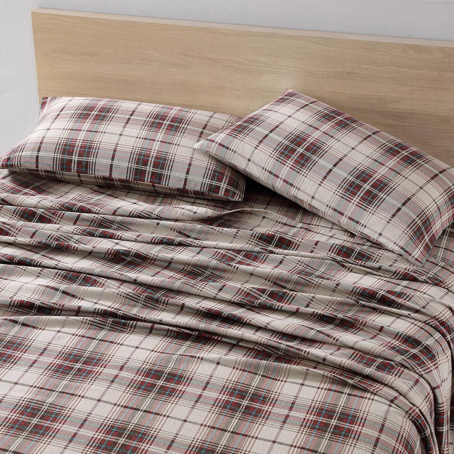 Queen Red and Gray Cotton Flannel Plaid Bedding Set