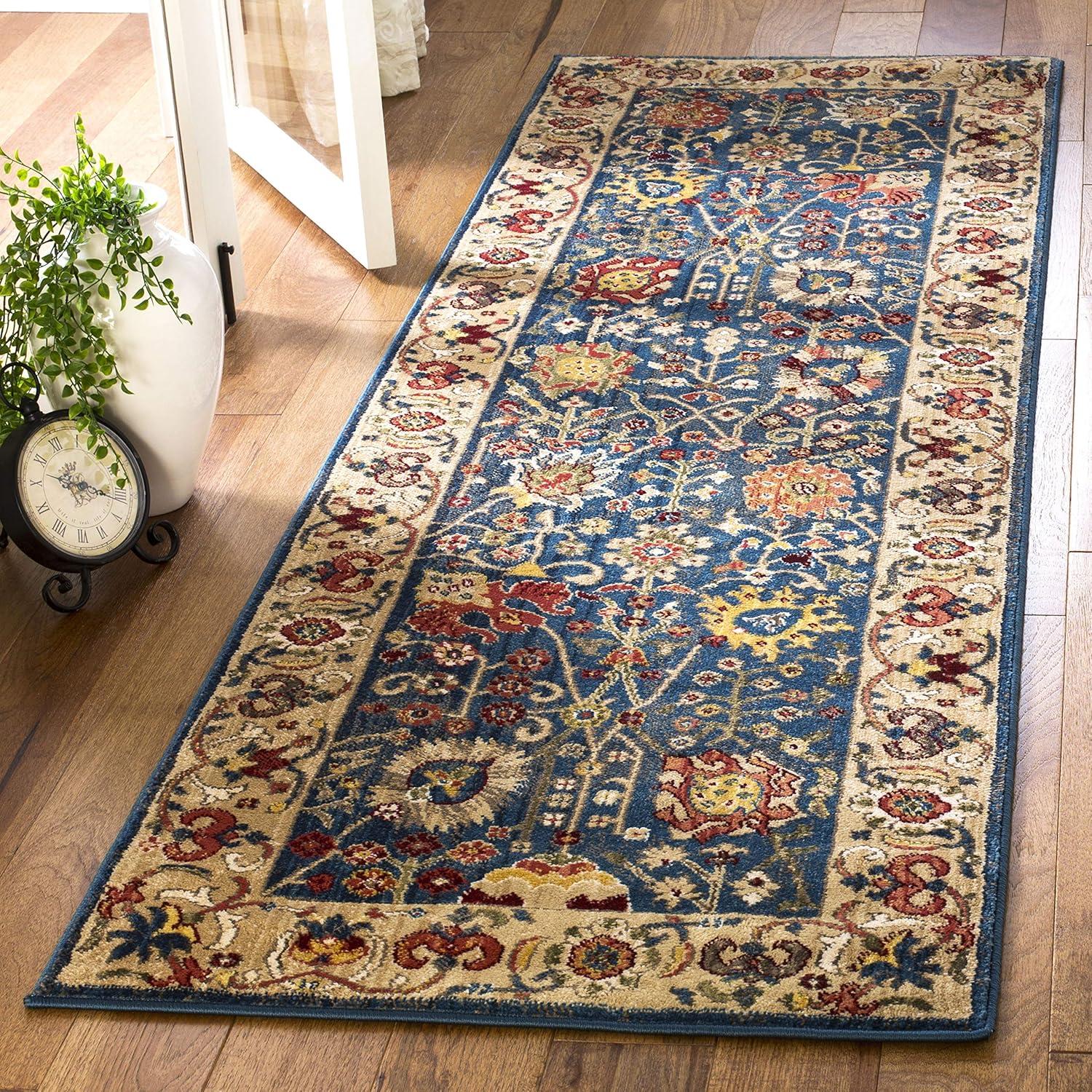 Blue and Tan Floral Synthetic Runner Rug, 2'6" x 8'