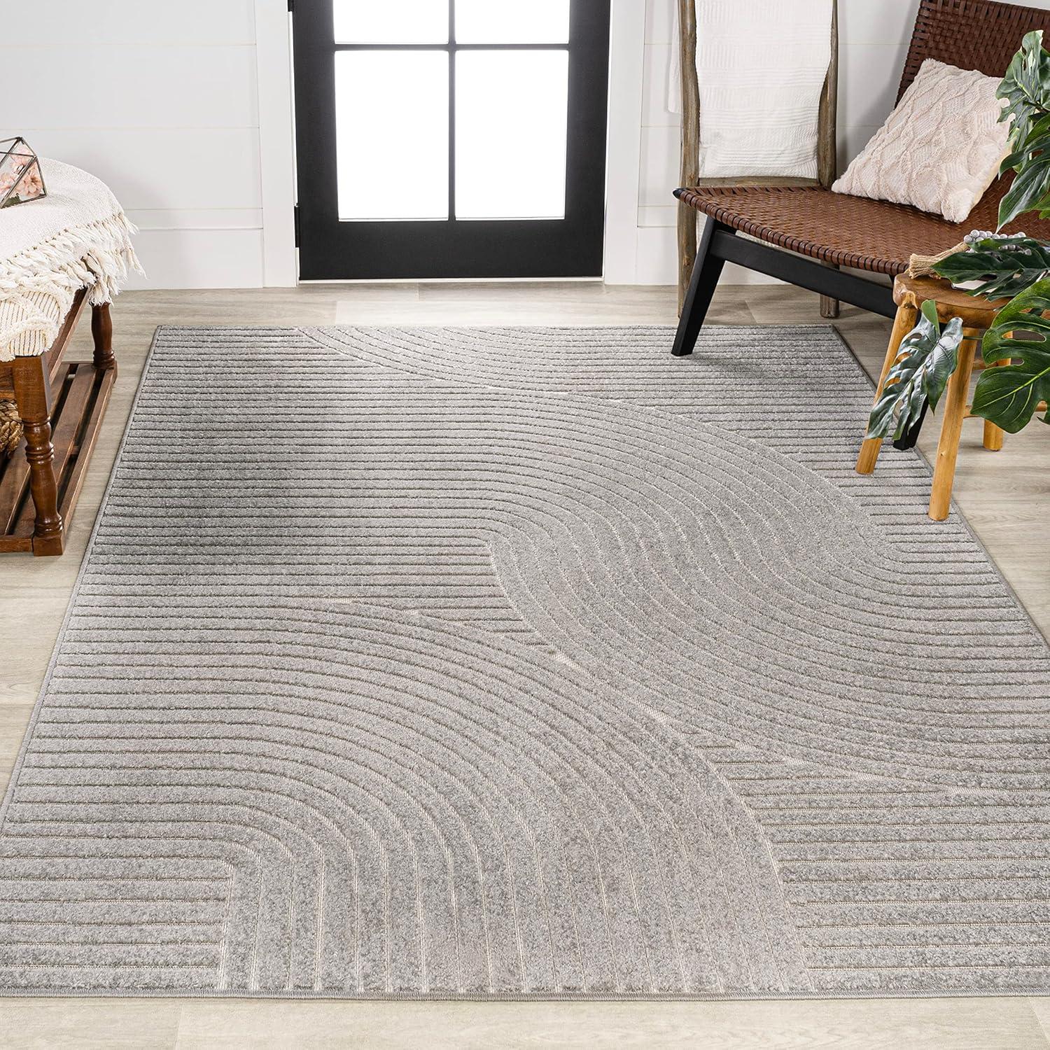 JONATHAN Y Skagen High-Low Minimalist Curve Geometric Gray/Ivory 4 ft. x 6 ft. Indoor/Outdoor Area Rug