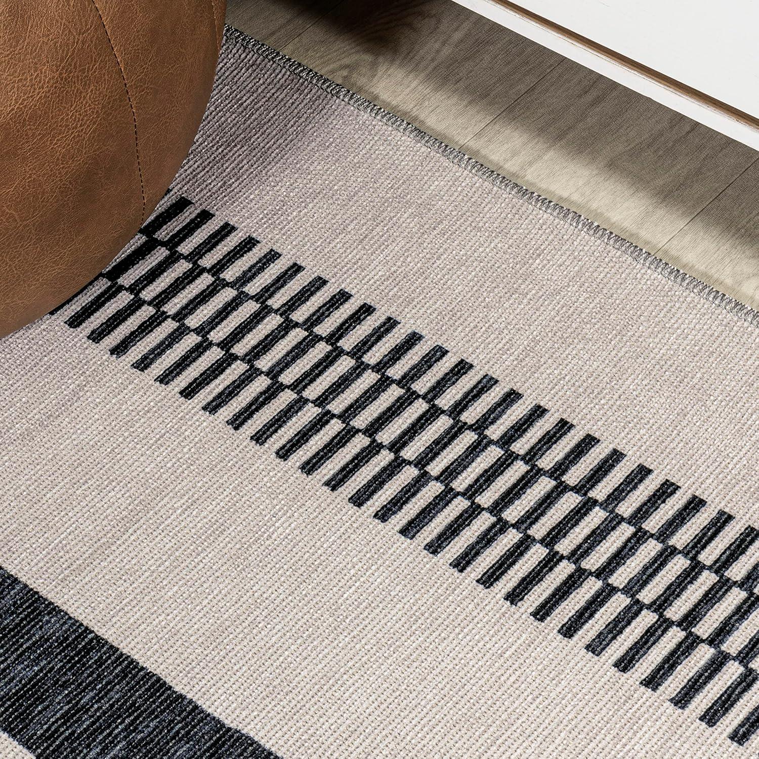 Cream and Black Striped Synthetic 3' x 5' Washable Area Rug