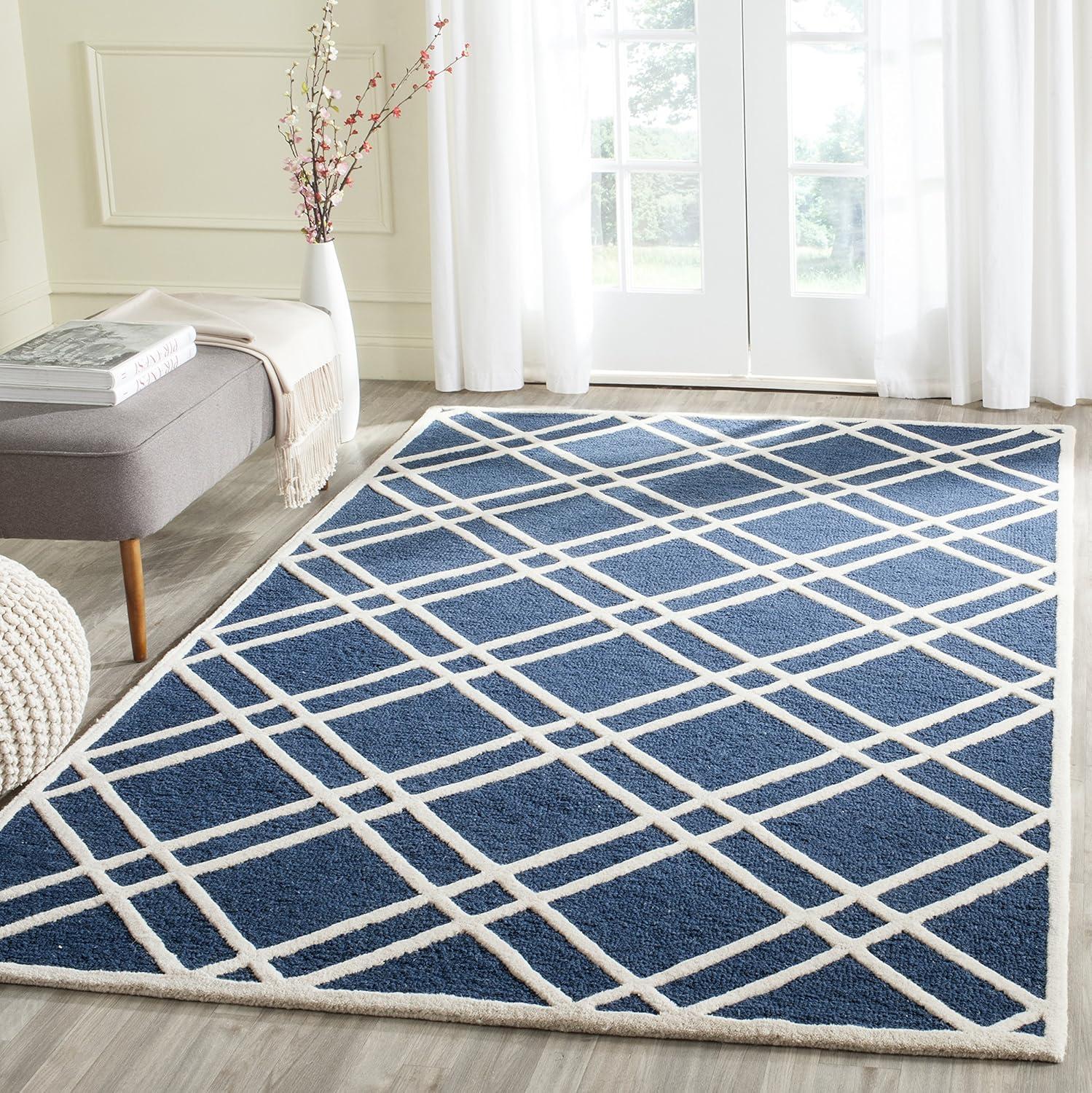 Sanyla Arshmaan Geometric Handmade Tufted Wool Navy Blue Area Rug