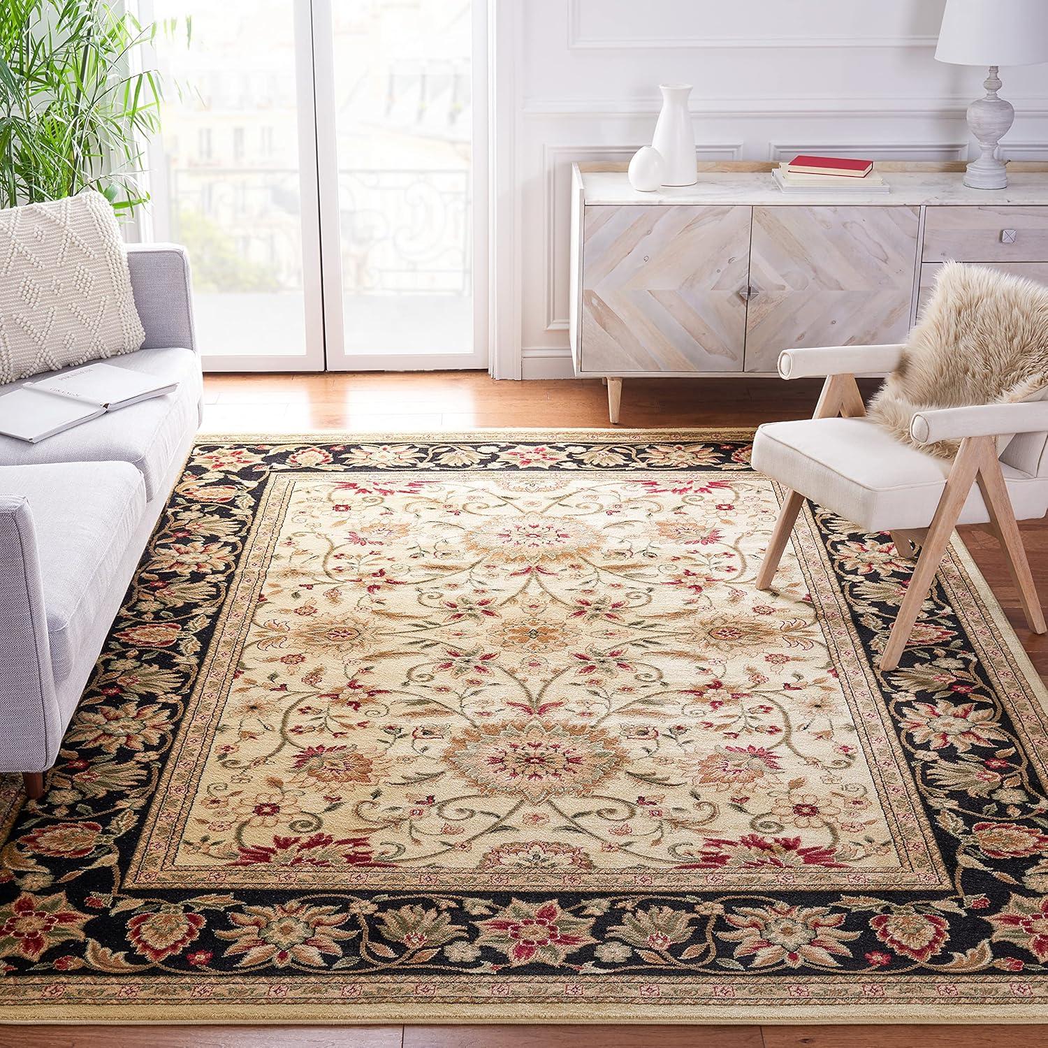 Elegant Ivory & Black Floral 8' Square Synthetic Area Rug