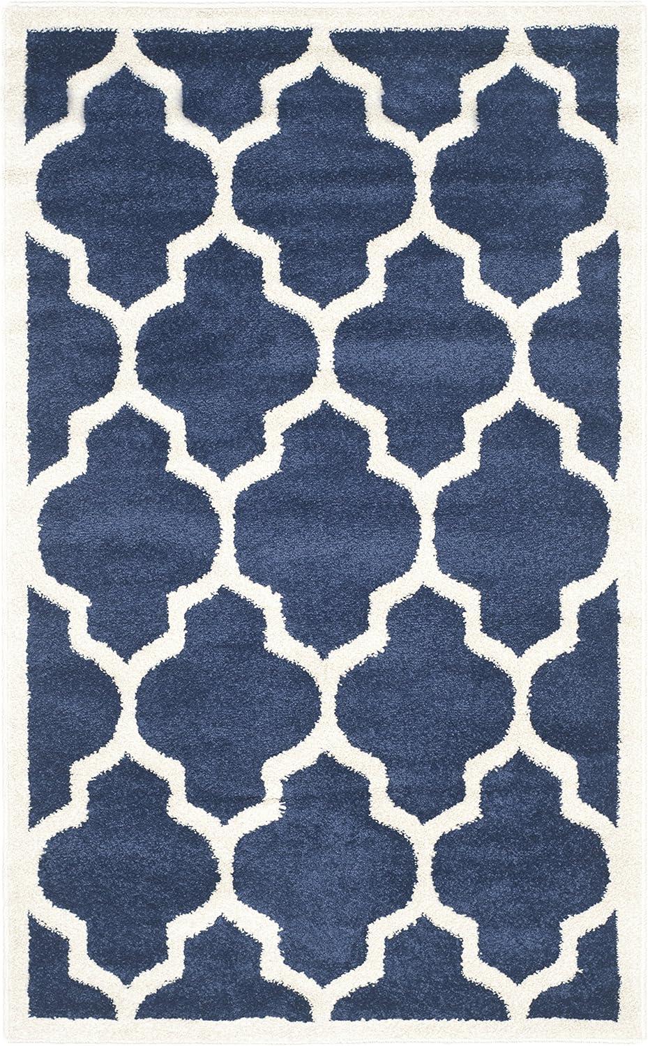 Navy and Beige 36" Square Geometric Synthetic Area Rug