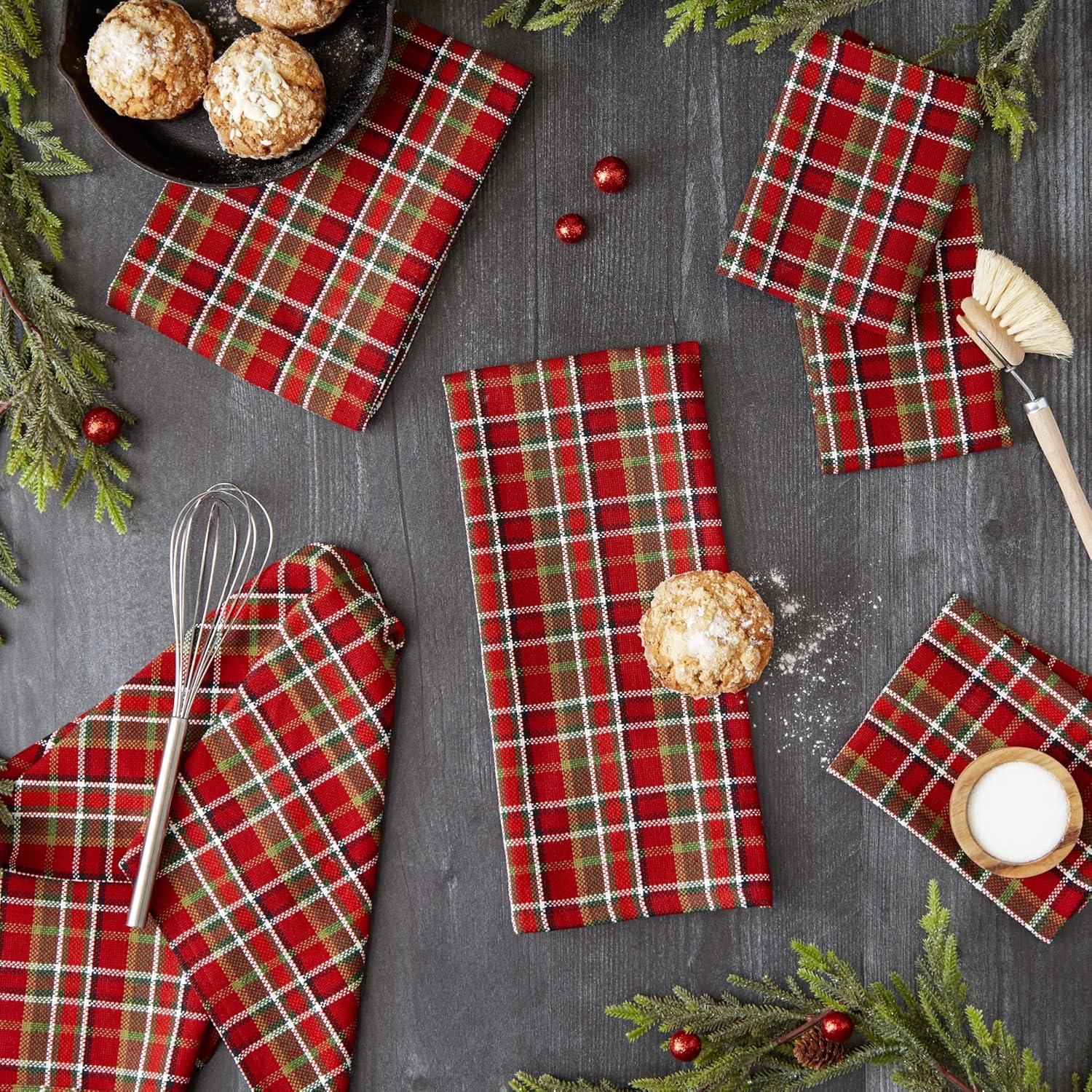 Red and Green Plaid Cotton Dishtowel and Dishcloth Set