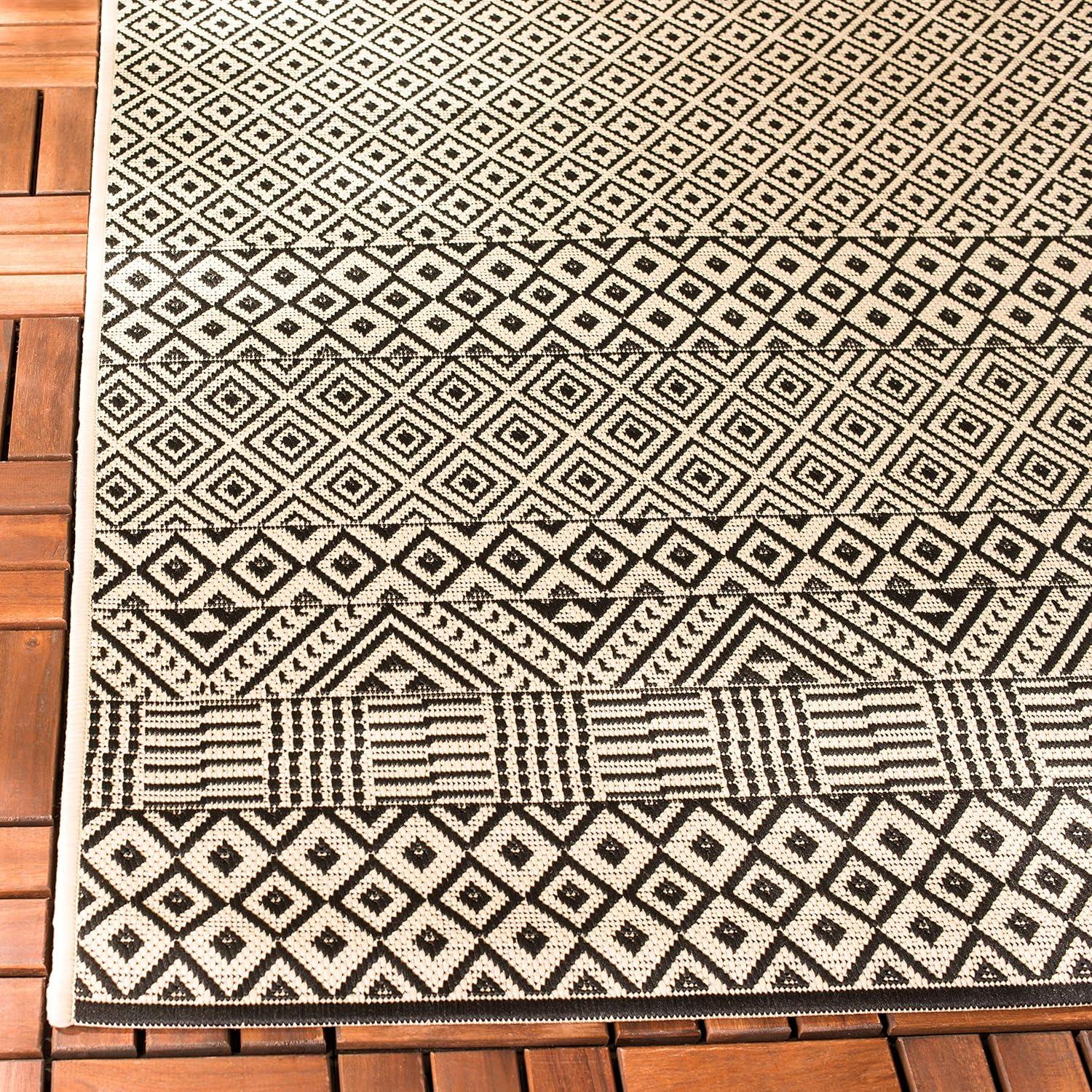 Beige and Black Synthetic Indoor/Outdoor Runner Rug