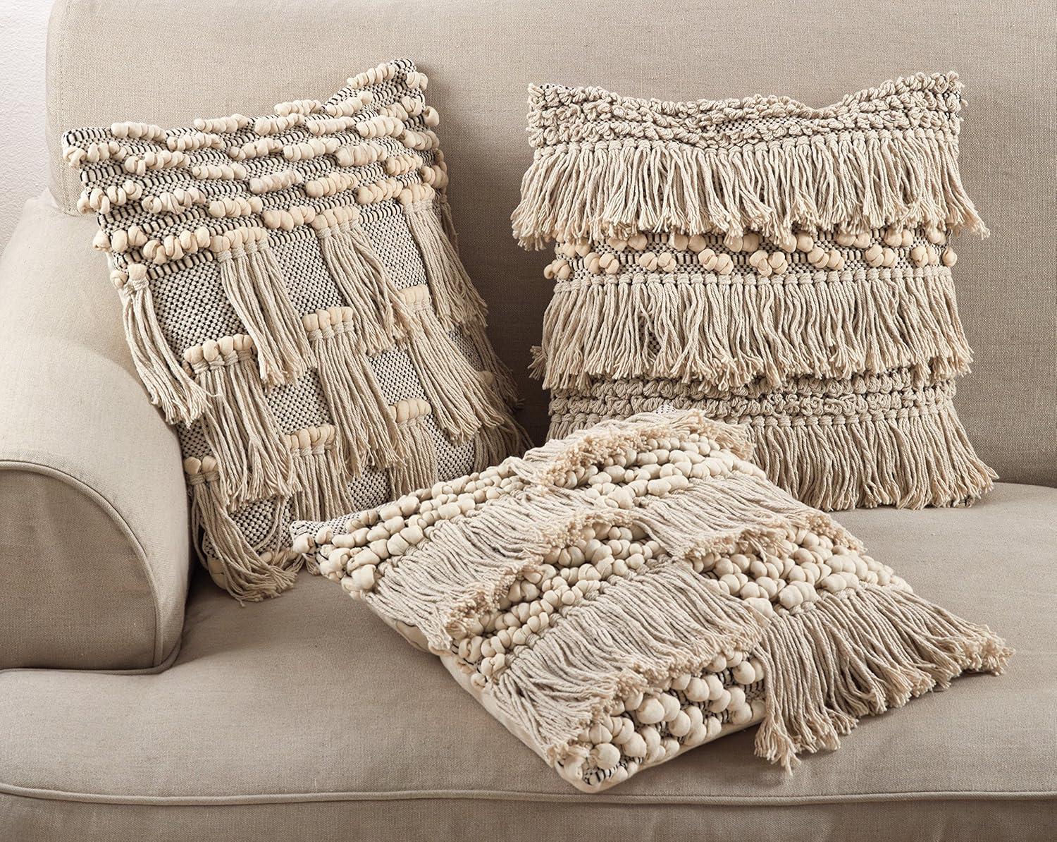 Ivory Cotton Fringe Square Throw Pillow with Down Fill