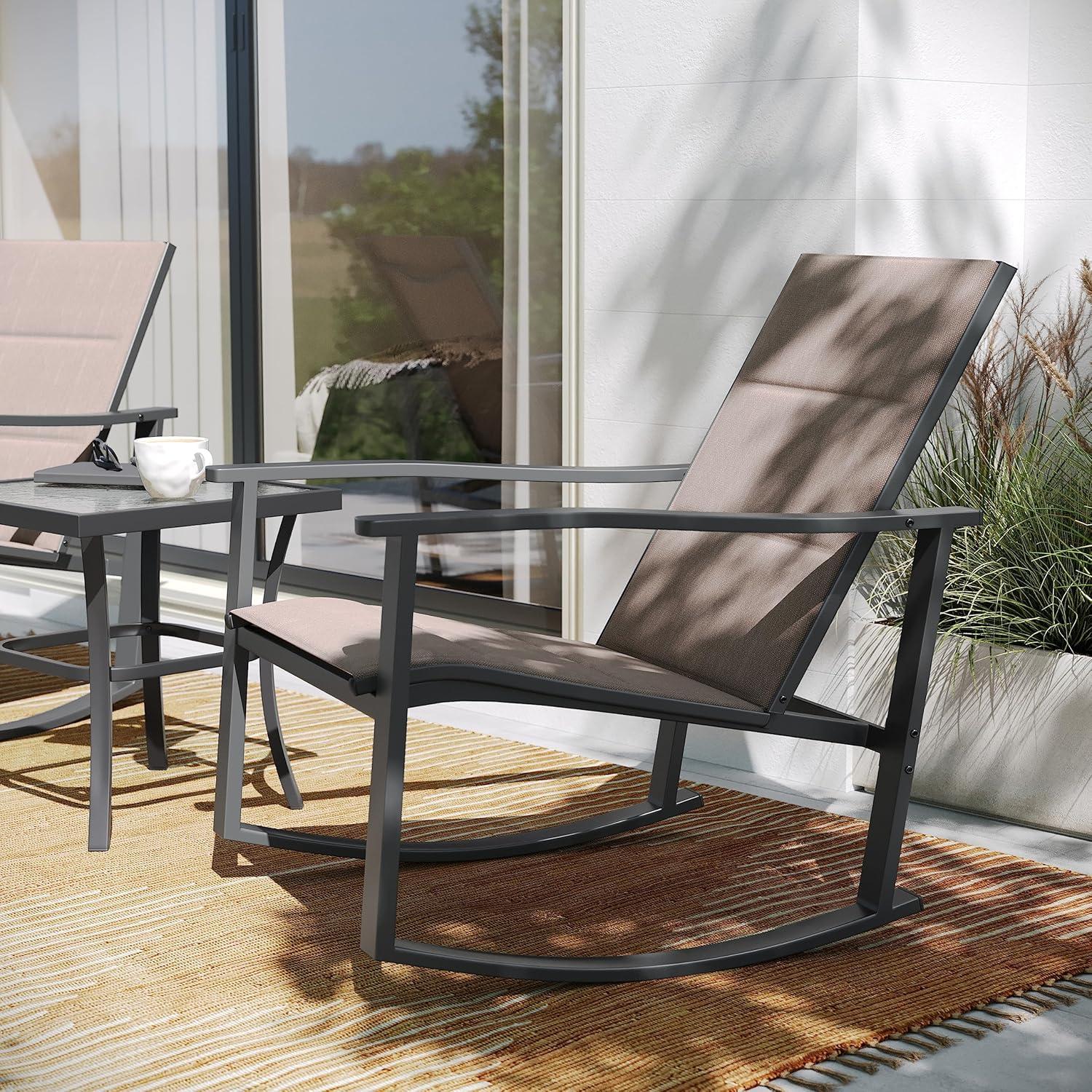 Flash Furniture Brazos 3 Piece Outdoor Rocking Chair Bistro Set with Flex Comfort Material and Steel Framed Glass Top Table, Brown/Black