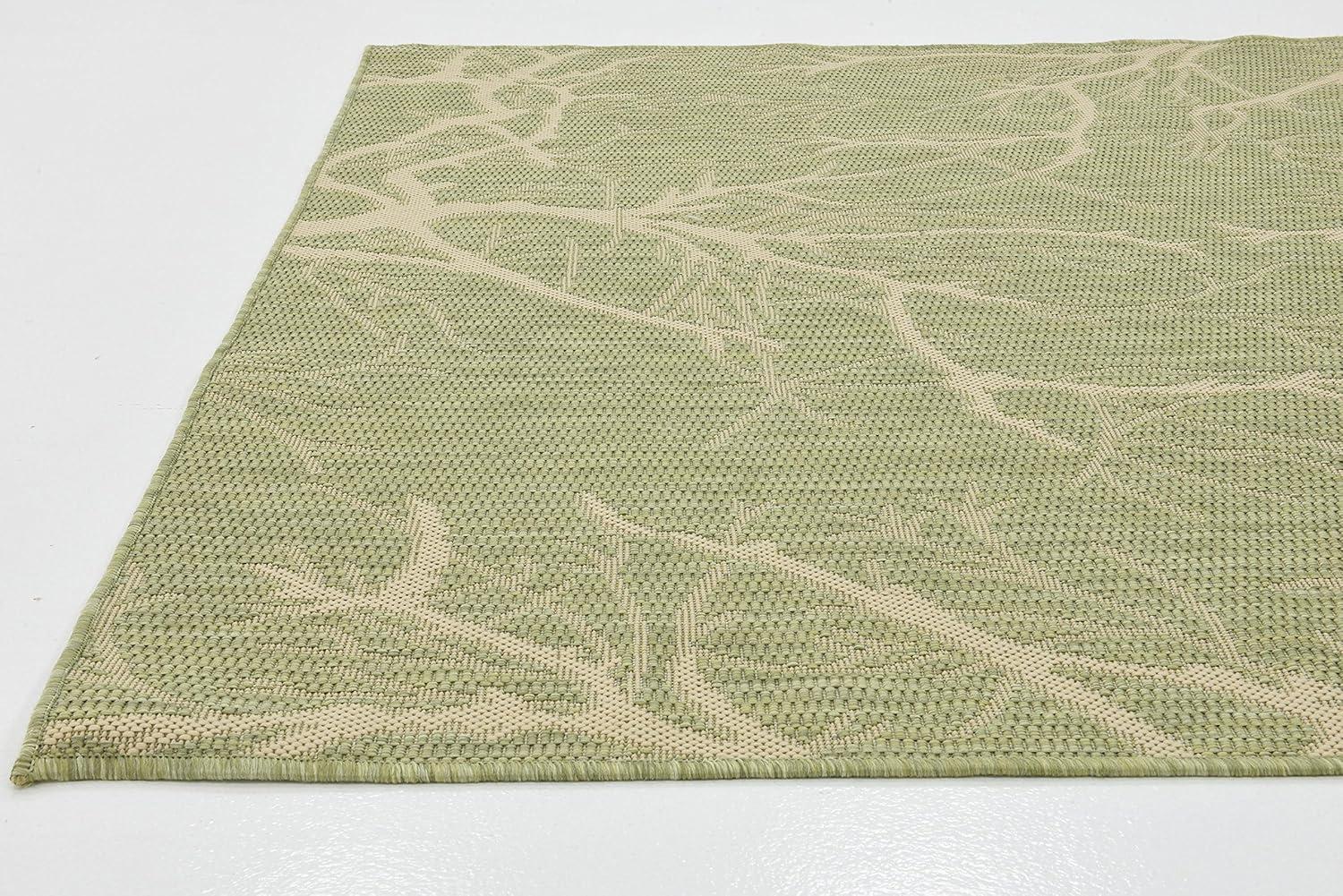 Serene Light Green and Beige Outdoor Botanical Rug - 5' x 8' Rectangular