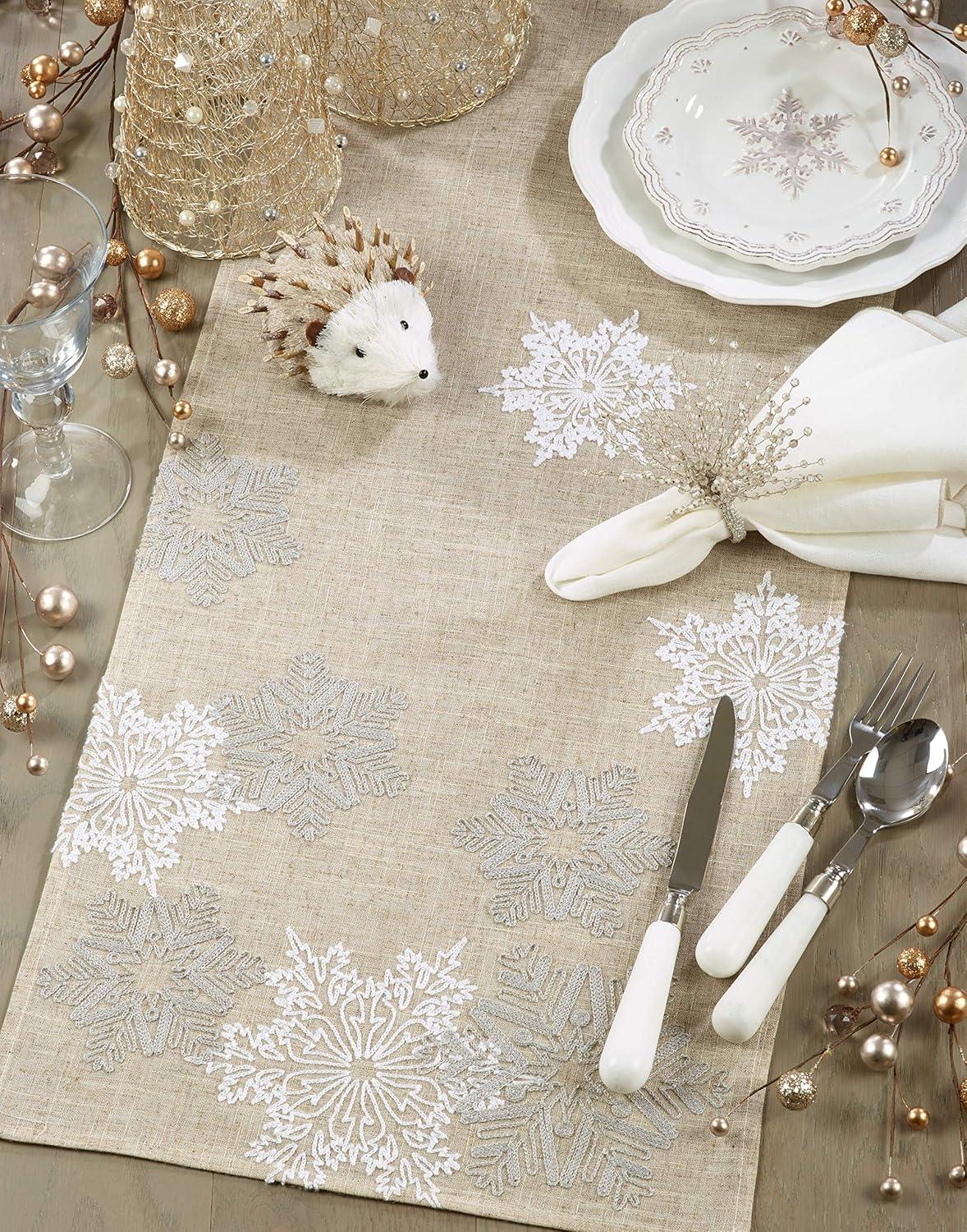 Natural Embroidered Snowflake Polyester Winter Table Runner