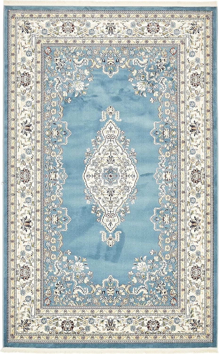 Blue Rectangular Traditional Synthetic Area Rug with Fringe