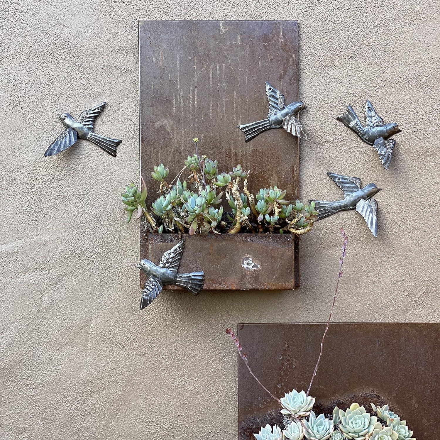 Handmade Metal Birds Wall Art with 3D Wings, Set of 5