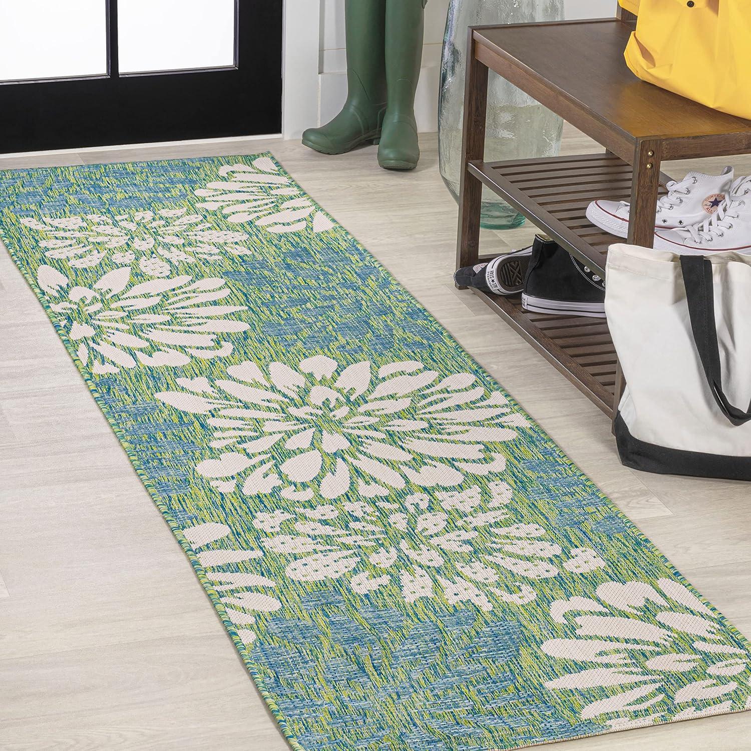 2' x 10' Zinnia Modern Floral Textured Weave Indoor/Outdoor Runner Rug, Cream/Green - JONATHAN Y