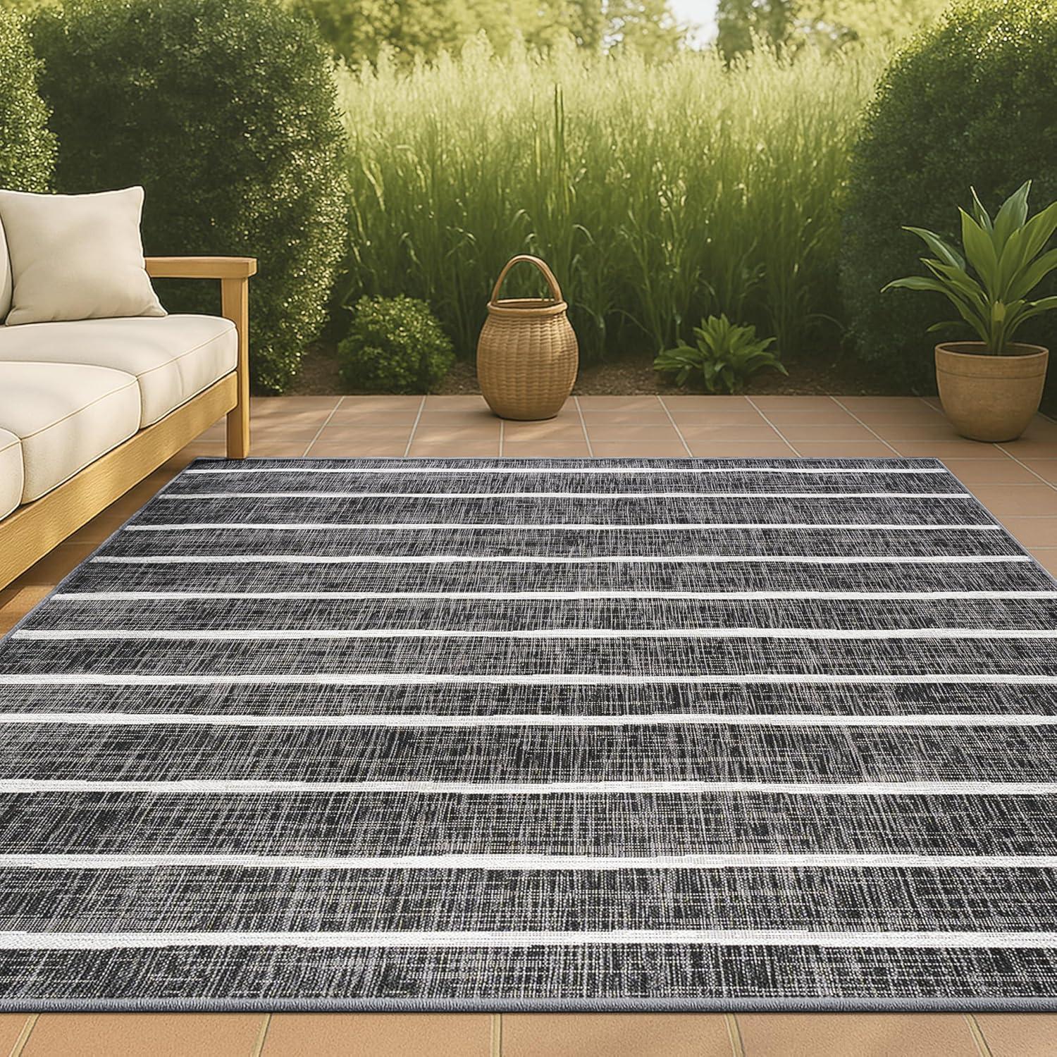 3'x5' Colonia Berber Stripe Indoor/Outdoor Area Rug, Black/Ivory - JONATHAN Y
