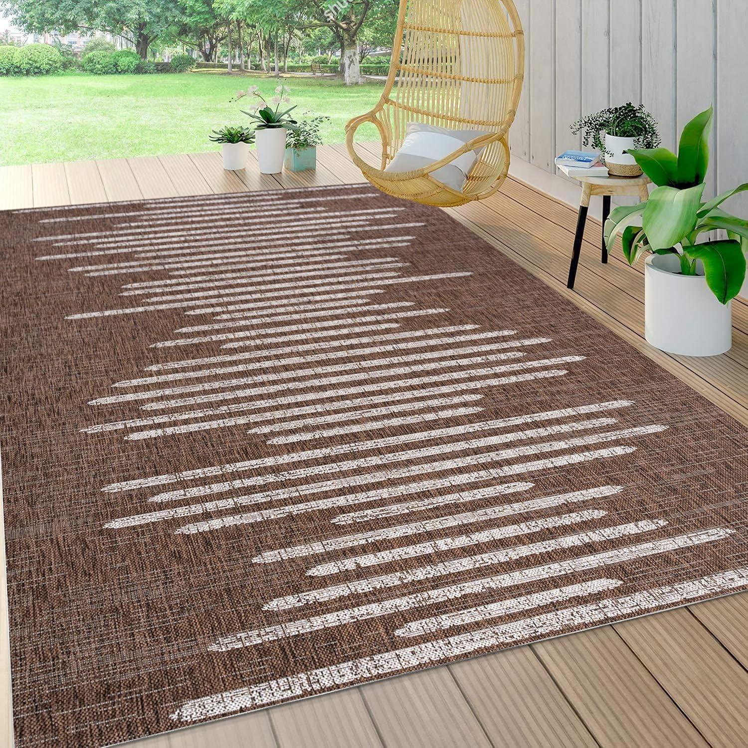 8'x10' Zolak Berber Stripe Geometric Indoor/Outdoor Area Rug, Brown/Beige - JONATHAN Y