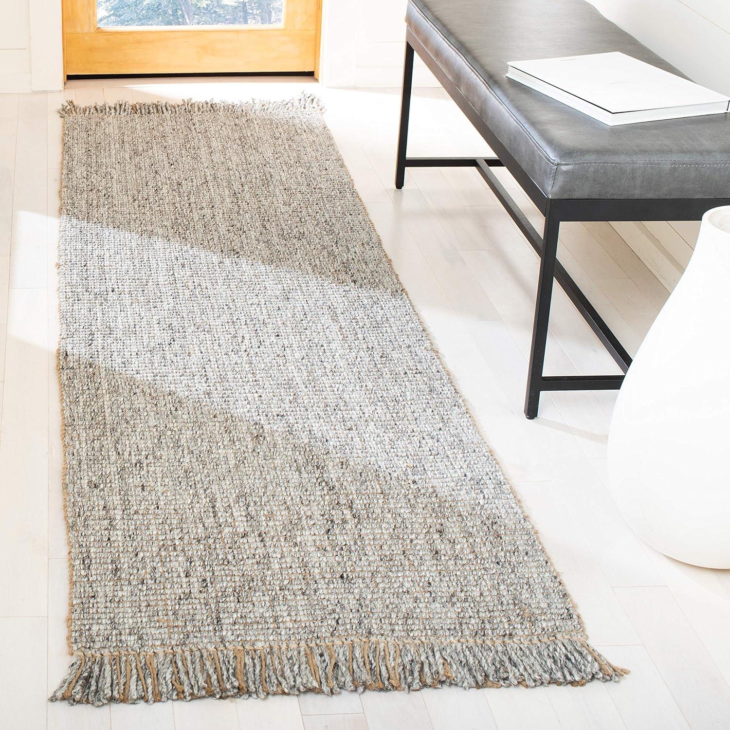 Handmade Charcoal and Natural Wool Runner Rug with Fringe