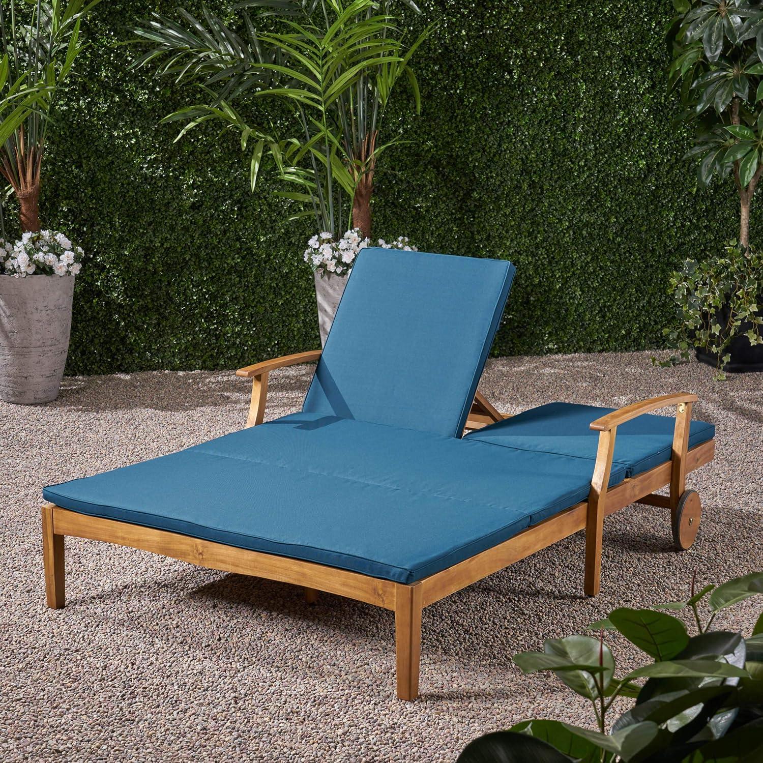 Perla Acacia Wood Double Chaise Lounge Teak/Blue - Christopher Knight Home